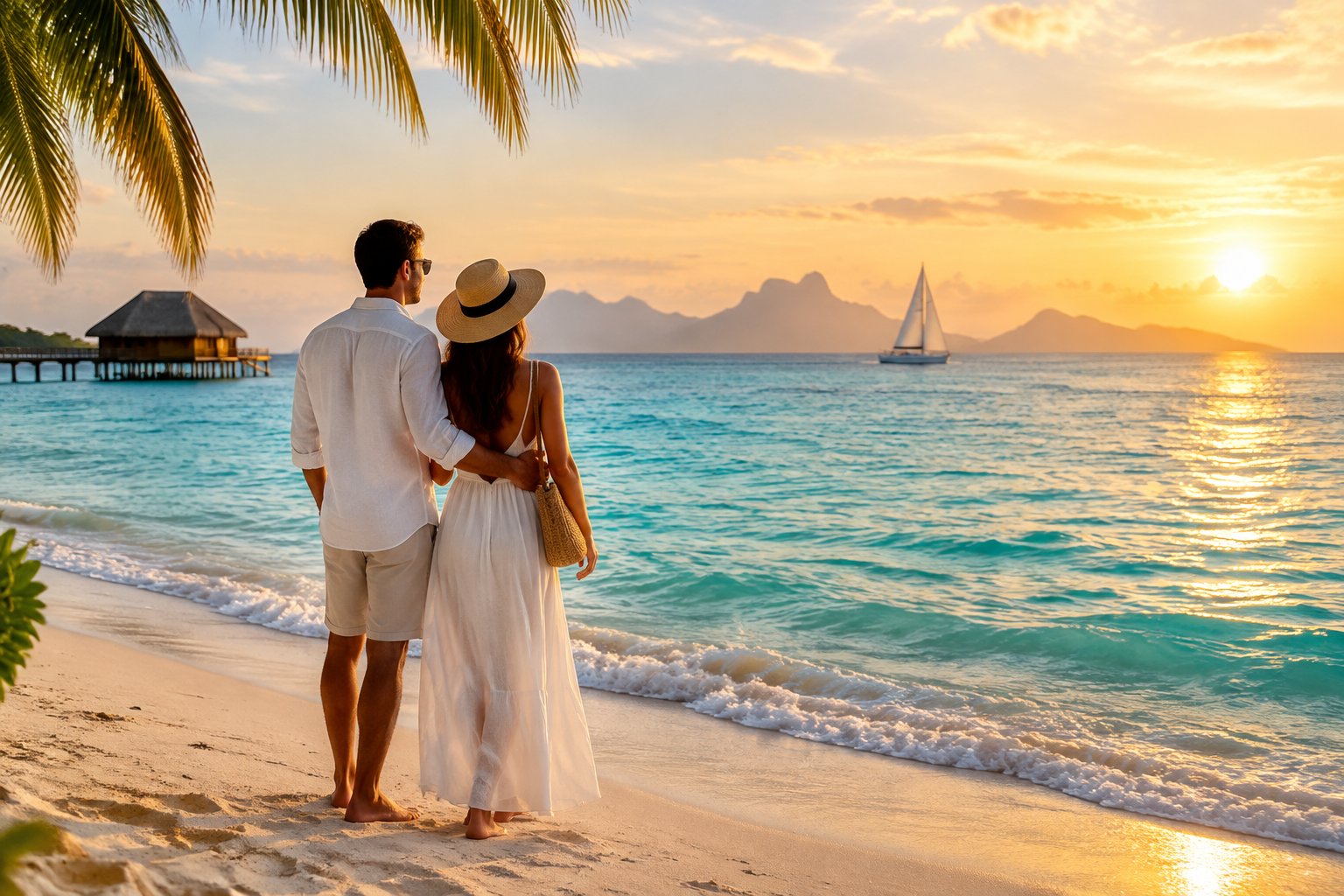 A newlywed couple looks out over a tropical beach with an overwater bungalow and sailboat in the distance.