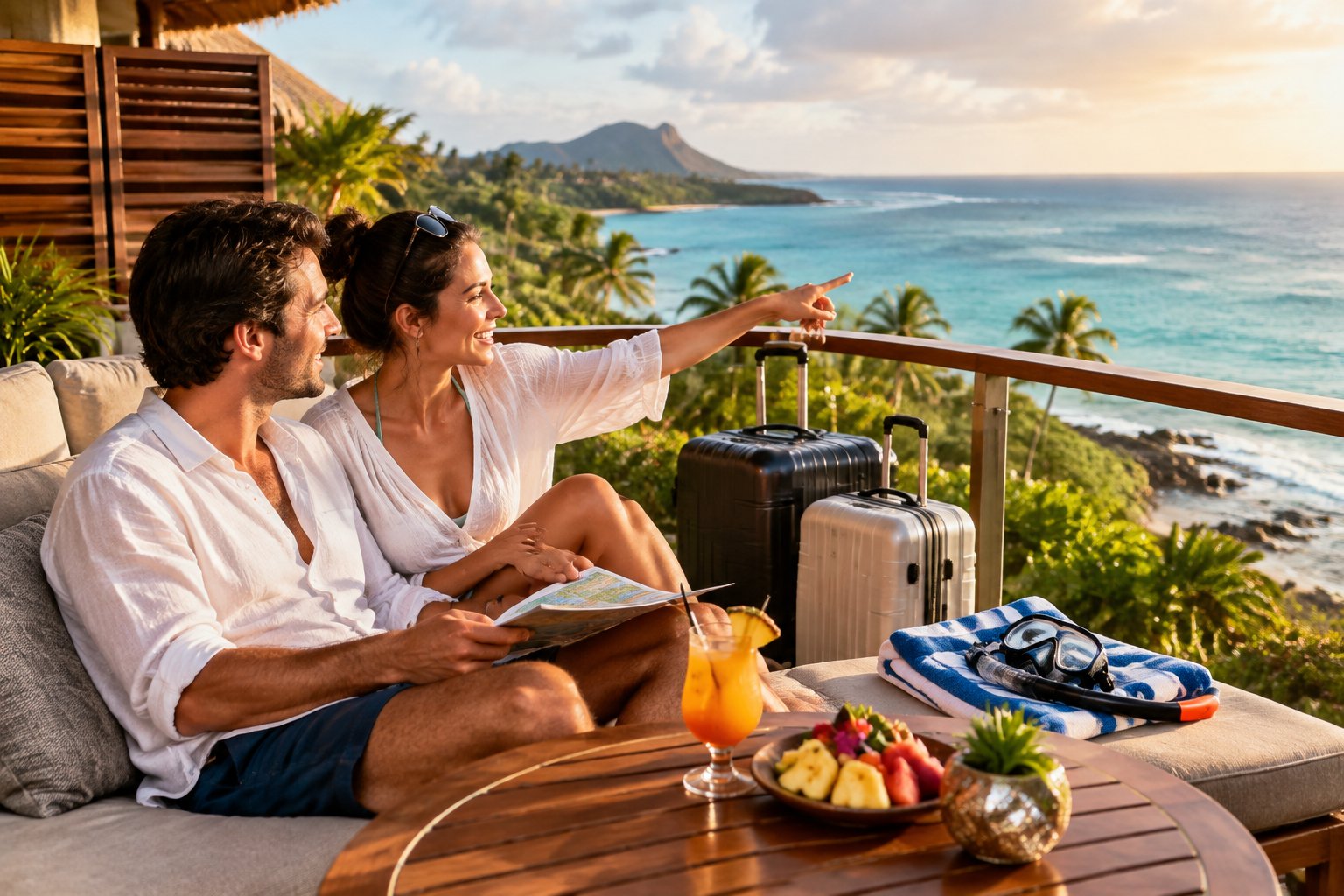 A newlywed couple relaxes on a tropical resort terrace with travel and beach items nearby.