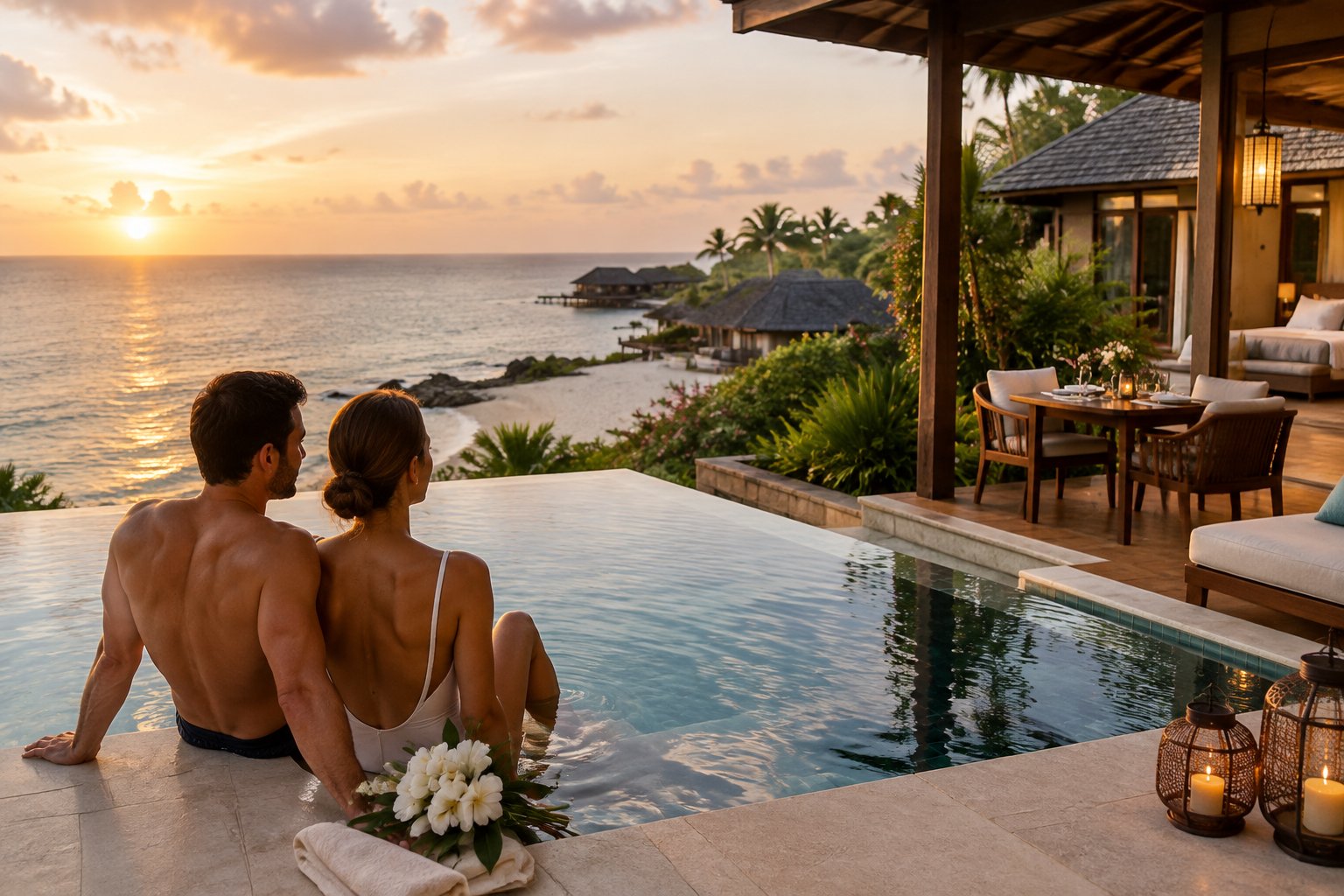 A couple relaxes beside an ocean-view pool at a tropical resort.