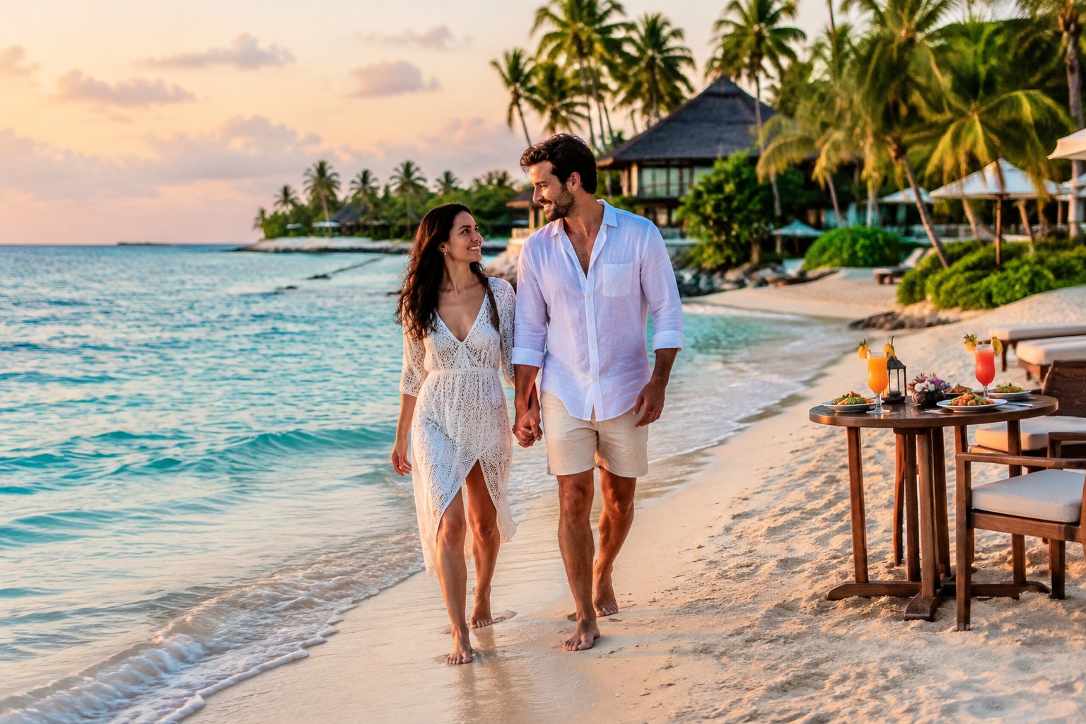 A couple relaxes together on a tropical beach beside a resort.