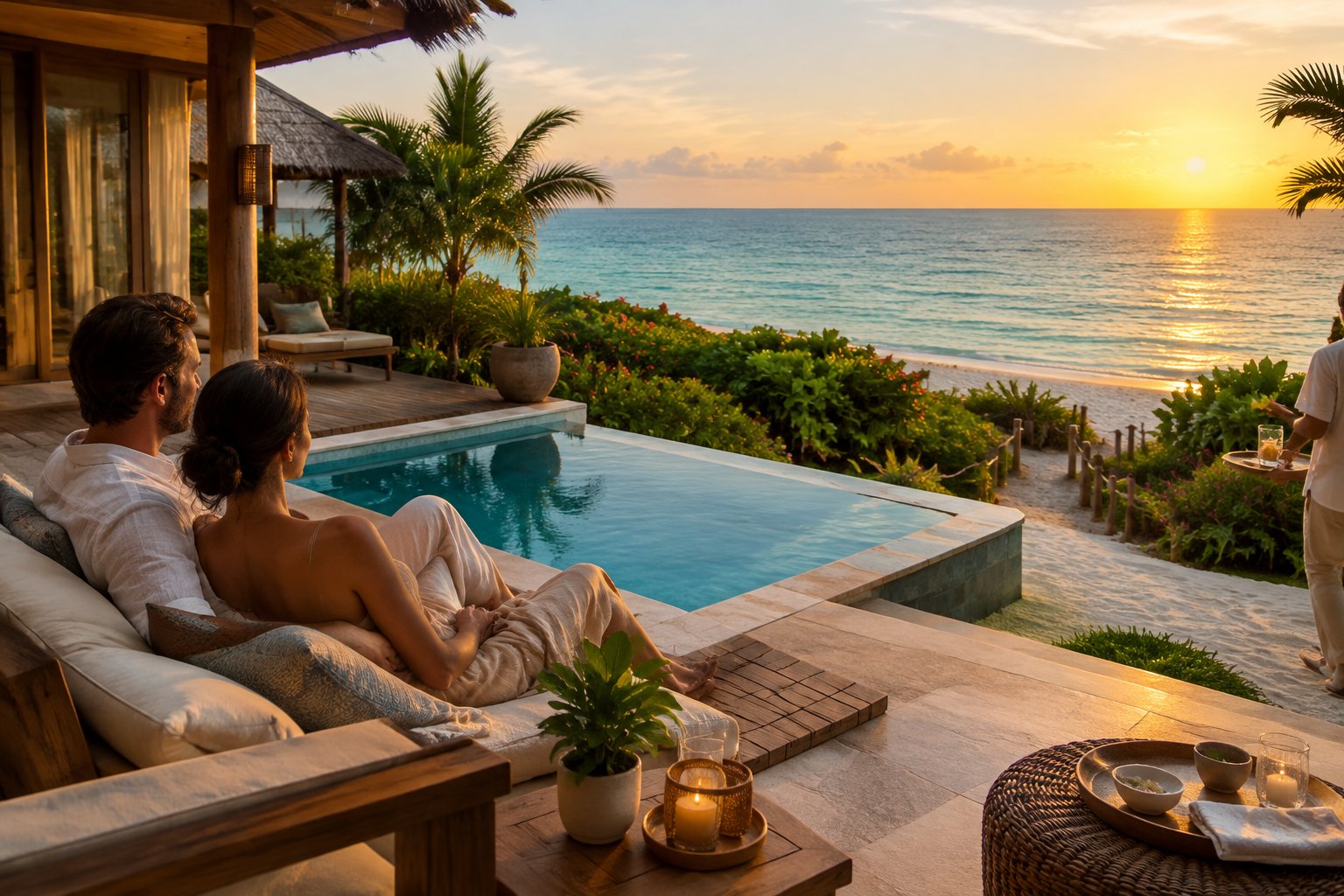 A couple relaxes on a private terrace overlooking a tropical beach.
