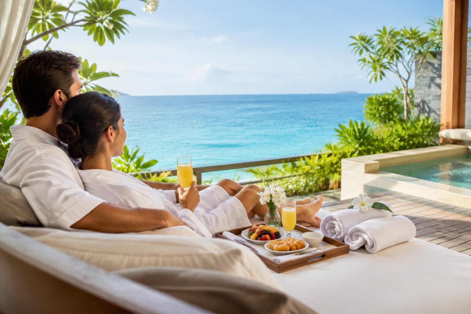 A newlywed couple relaxes on a tropical resort terrace beside breakfast and ocean views.