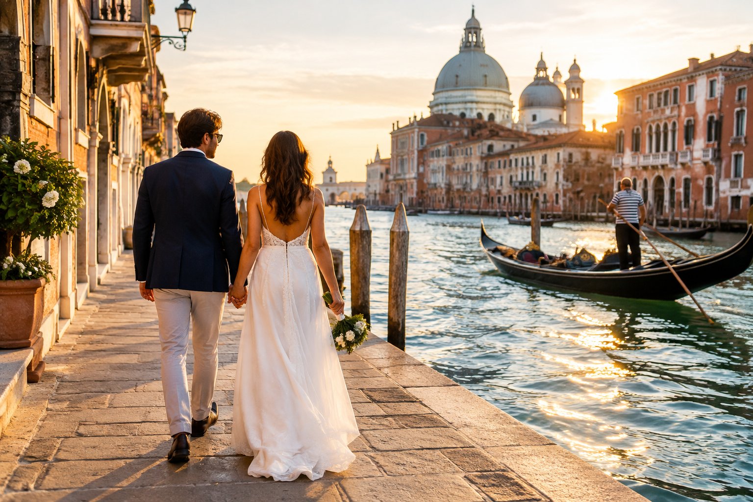 A newlywed couple walks hand in hand beside a canal in Venice.