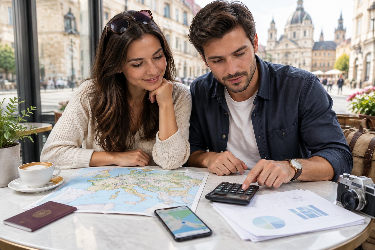 A couple reviews a map and travel plans together at a café table.