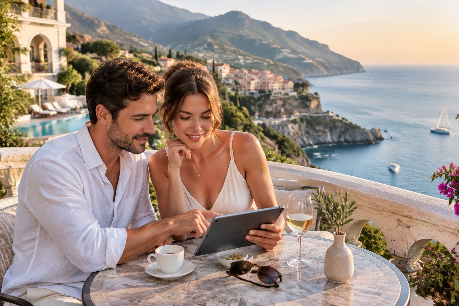 A couple compares resort options on a tablet at a terrace overlooking the Mediterranean.