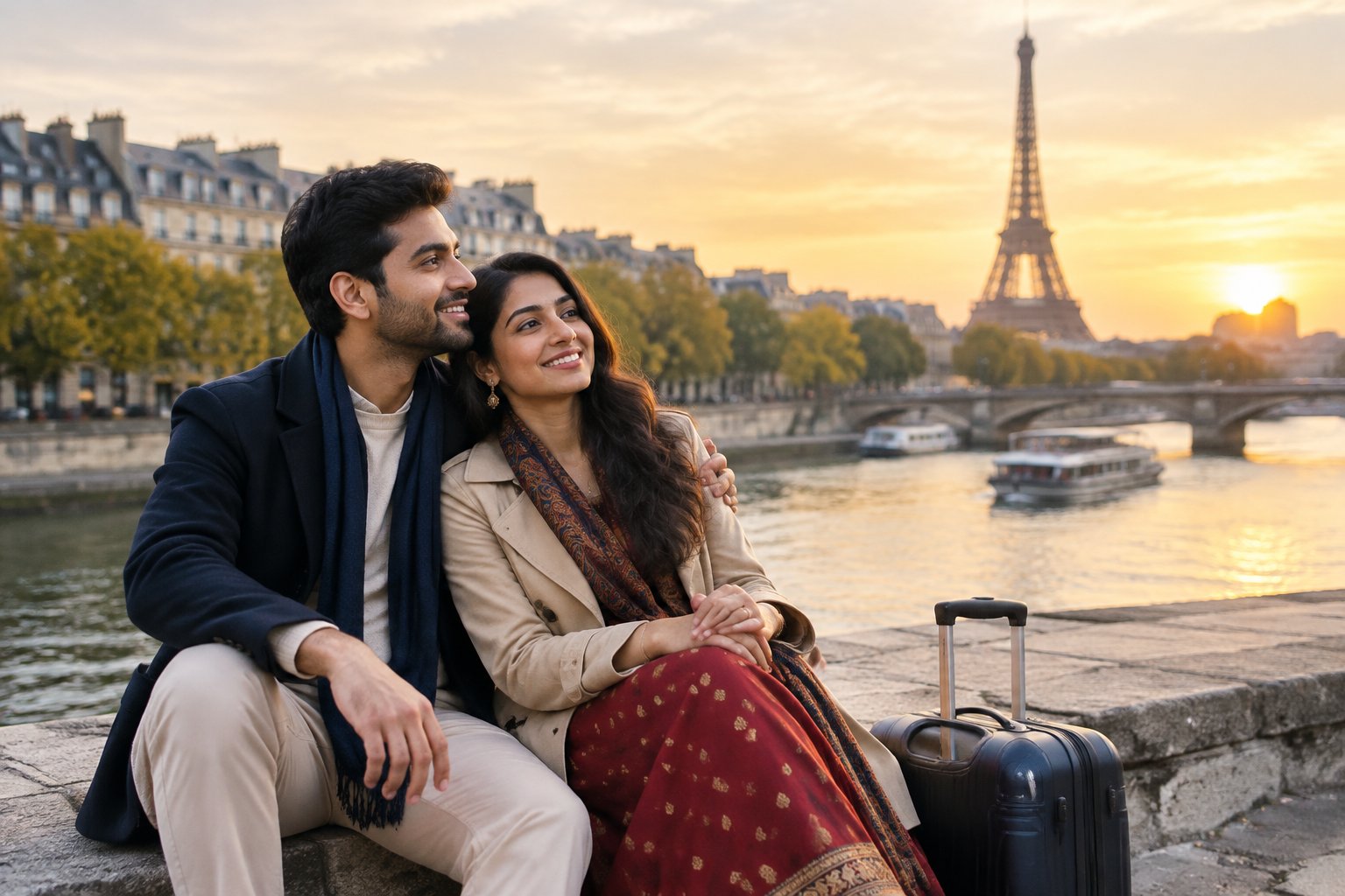 An Indian couple shares a romantic moment beside the Seine, with the Eiffel Tower in the distance.