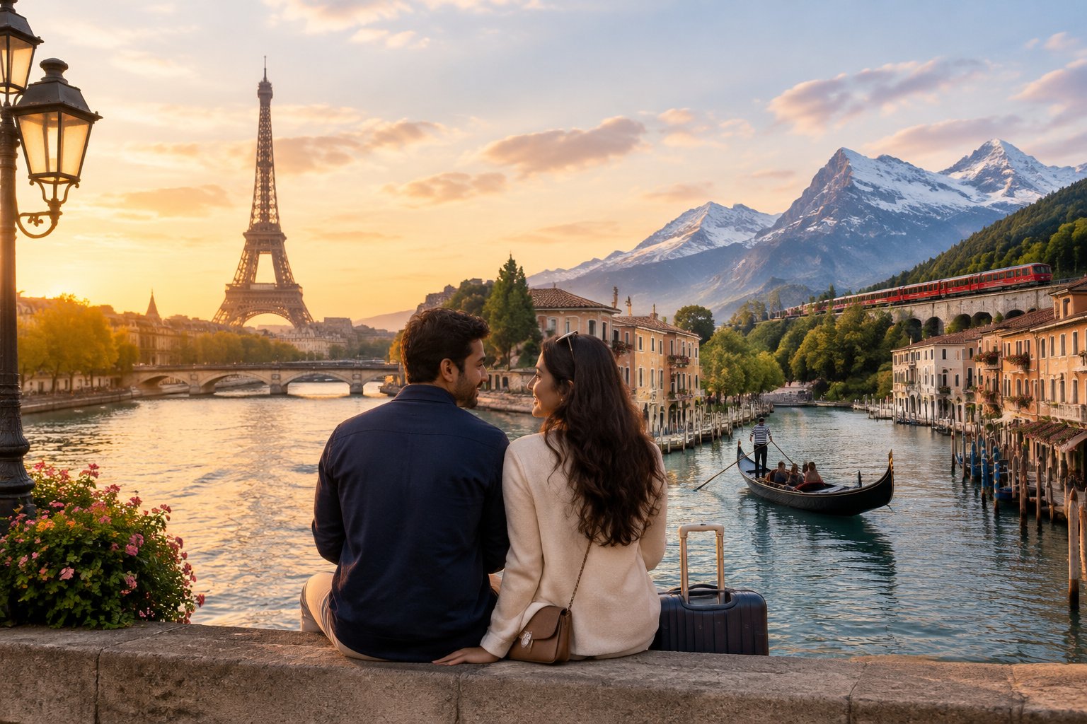 A newlywed couple enjoys a scenic European travel setting.