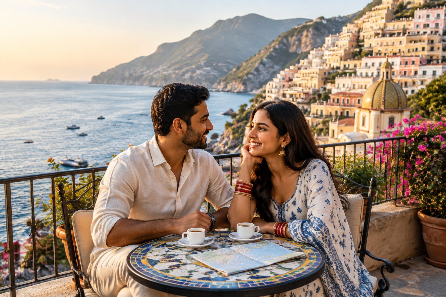An Indian couple shares a romantic moment on a terrace overlooking the Amalfi Coast.