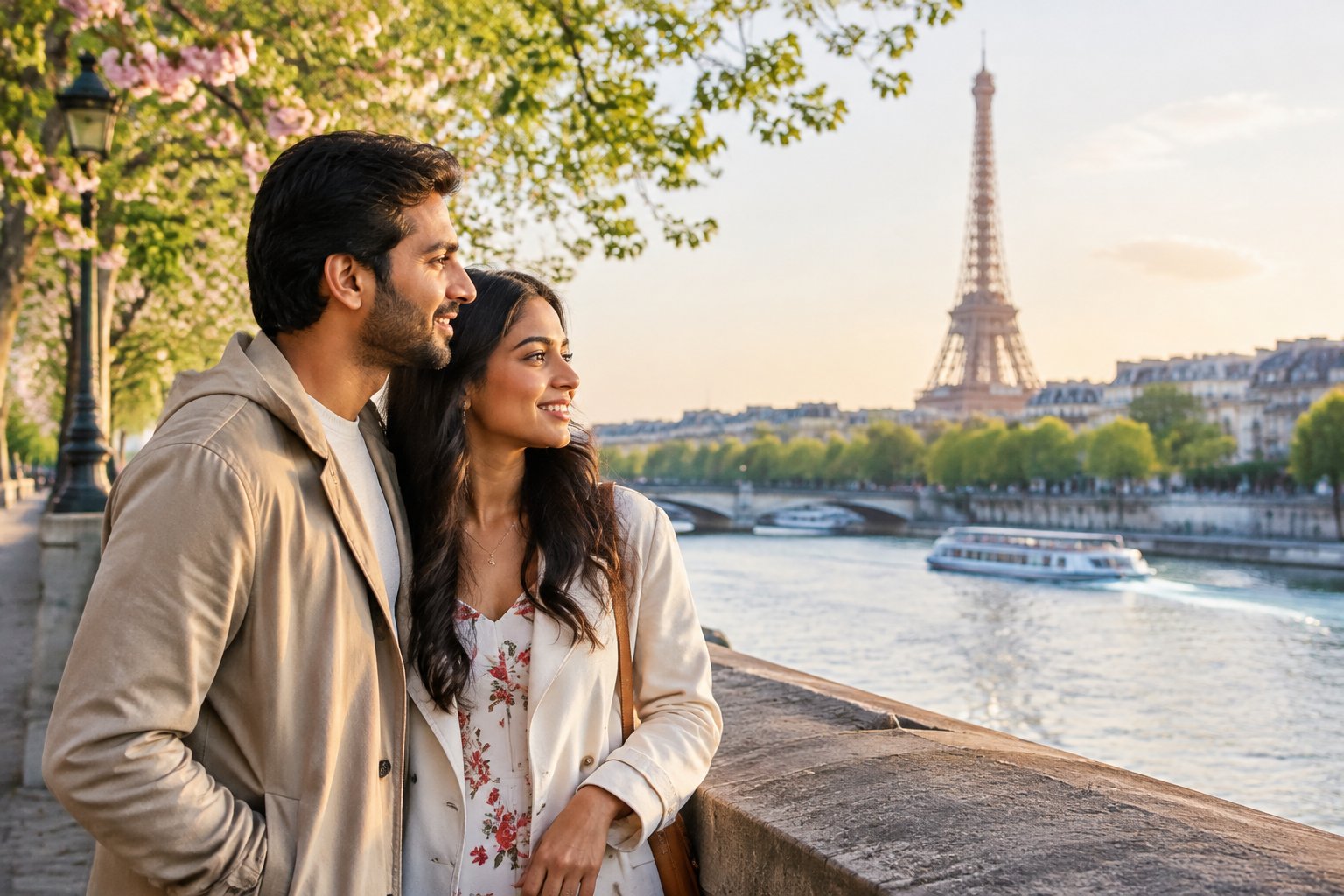 A couple walks together beside the Seine with the Eiffel Tower in the distance.