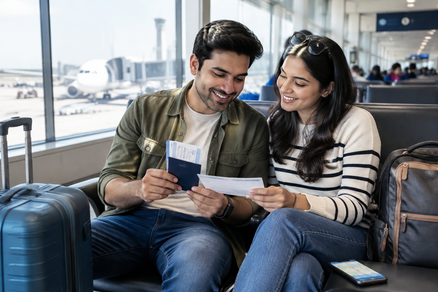 A couple reviews travel documents beside their luggage in an airport lounge.