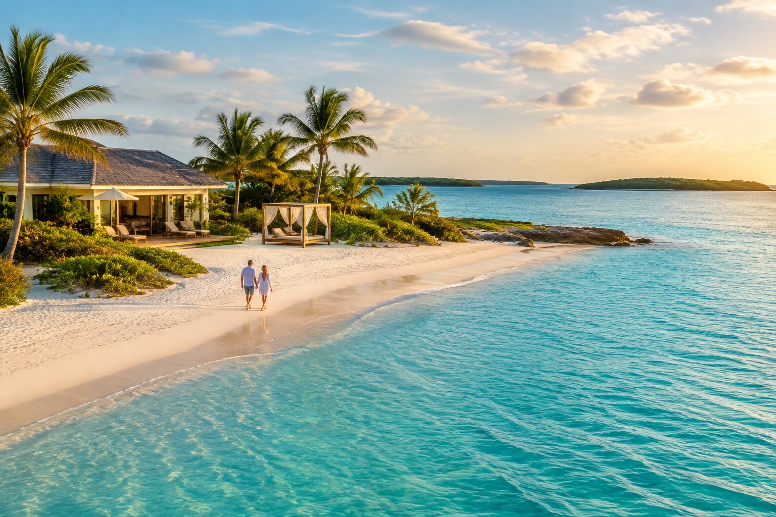 A couple walks along a white-sand beach beside a turquoise lagoon and tropical resort.