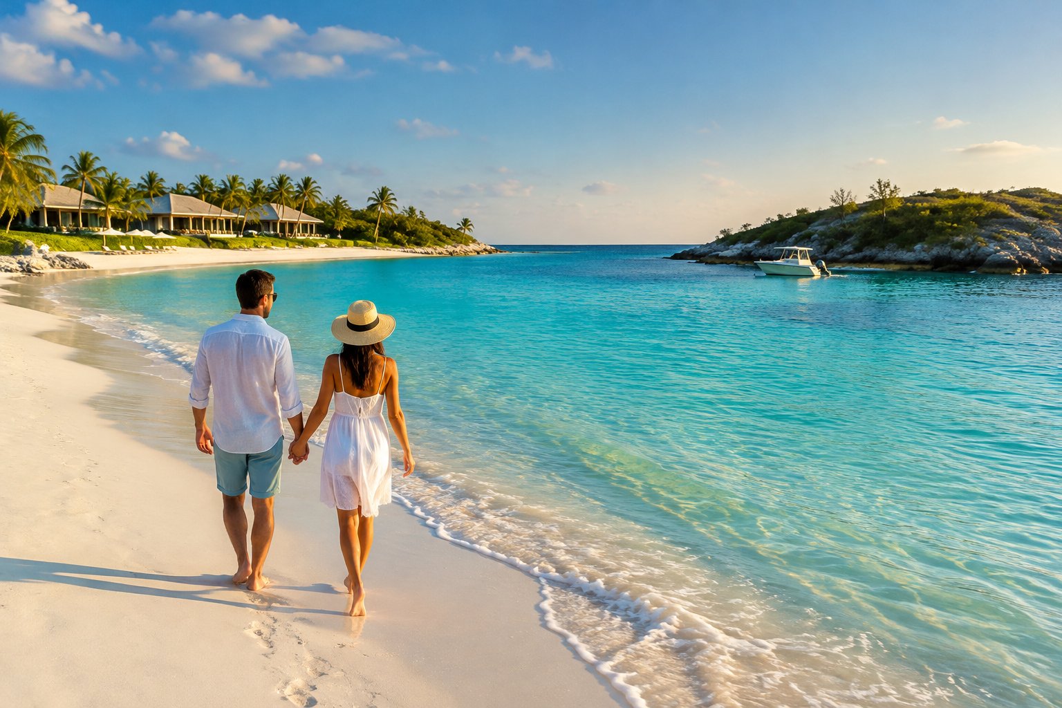 A couple walks hand in hand along a white-sand beach beside turquoise water, with palm-lined resort villas in the distance.