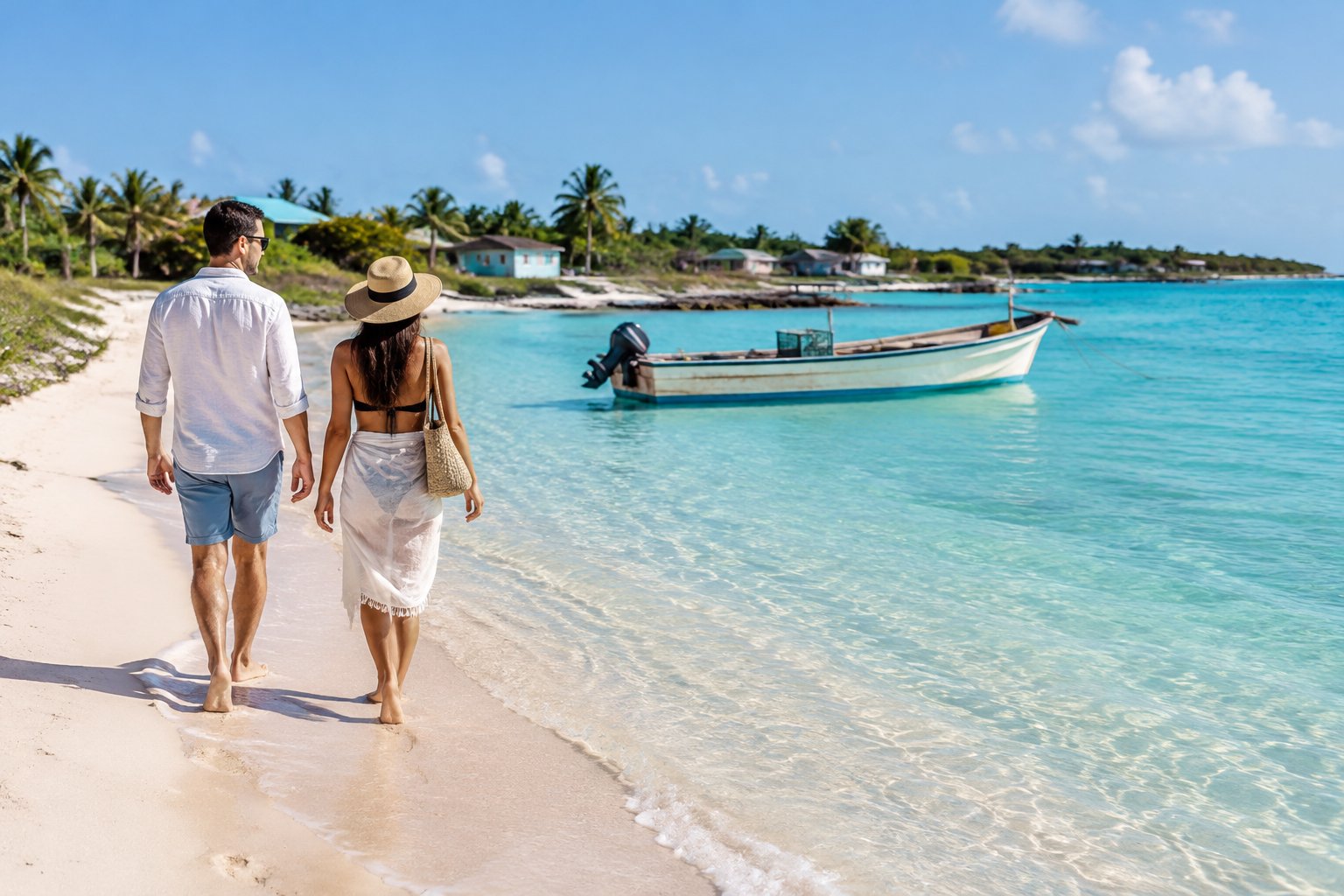 A couple walks along a sandy Exuma shoreline toward a small fishing boat.