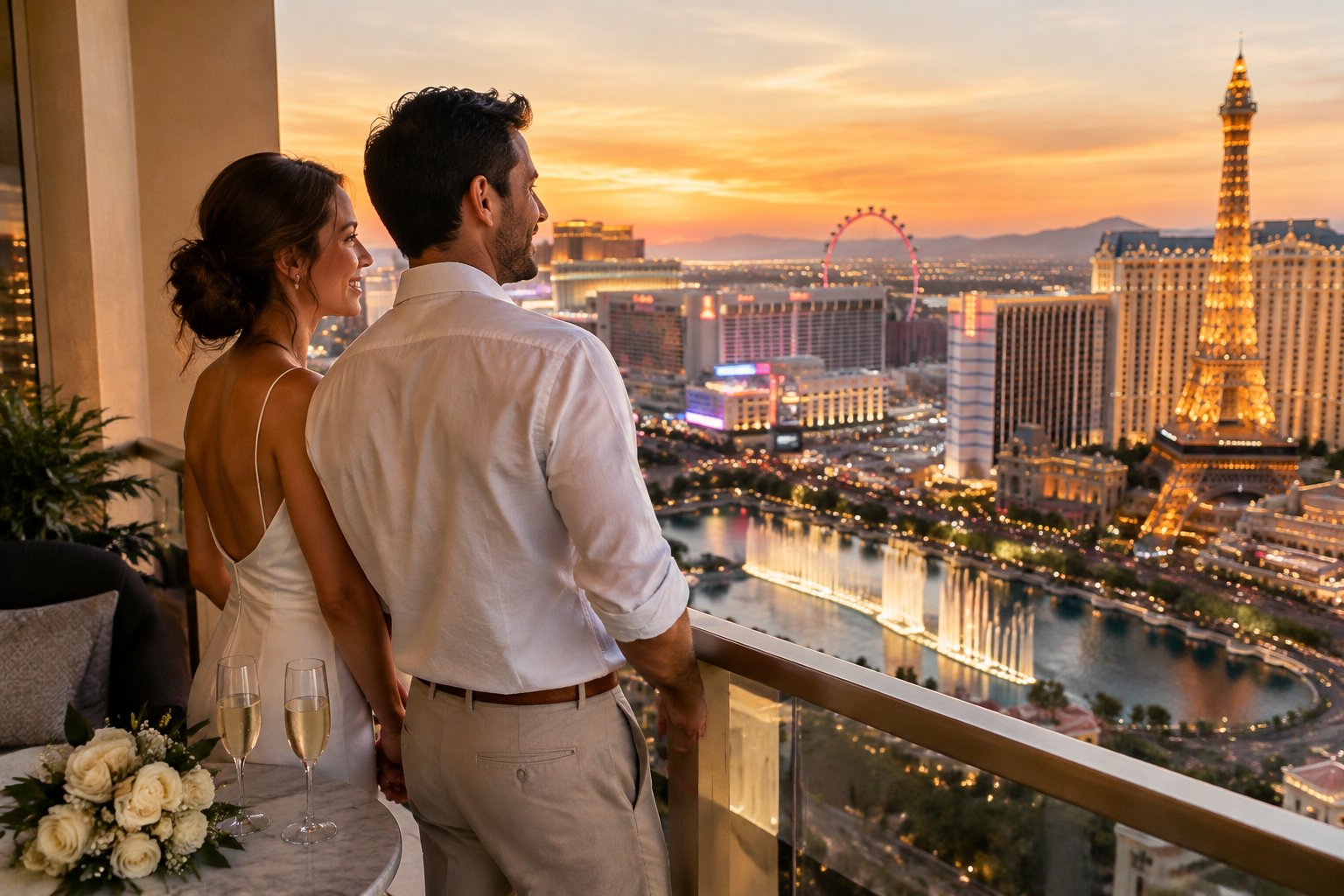 A newlywed couple shares a romantic moment on a hotel balcony overlooking the Las Vegas Strip.