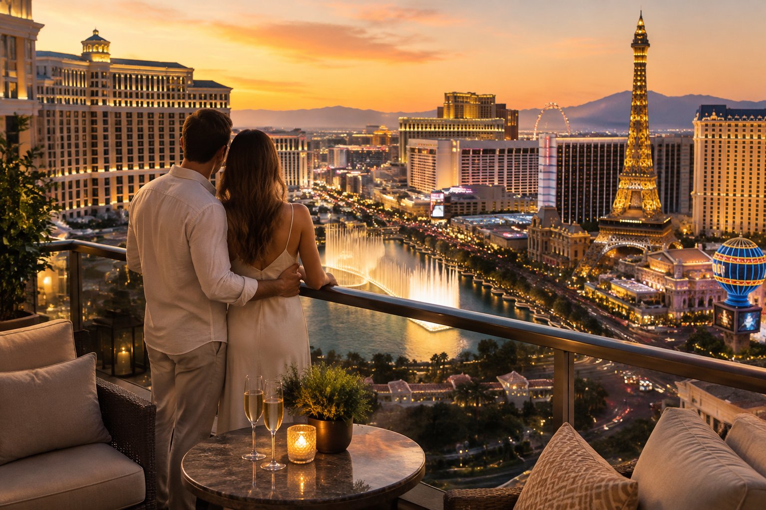 A couple looks out over the Las Vegas Strip from a hotel balcony.