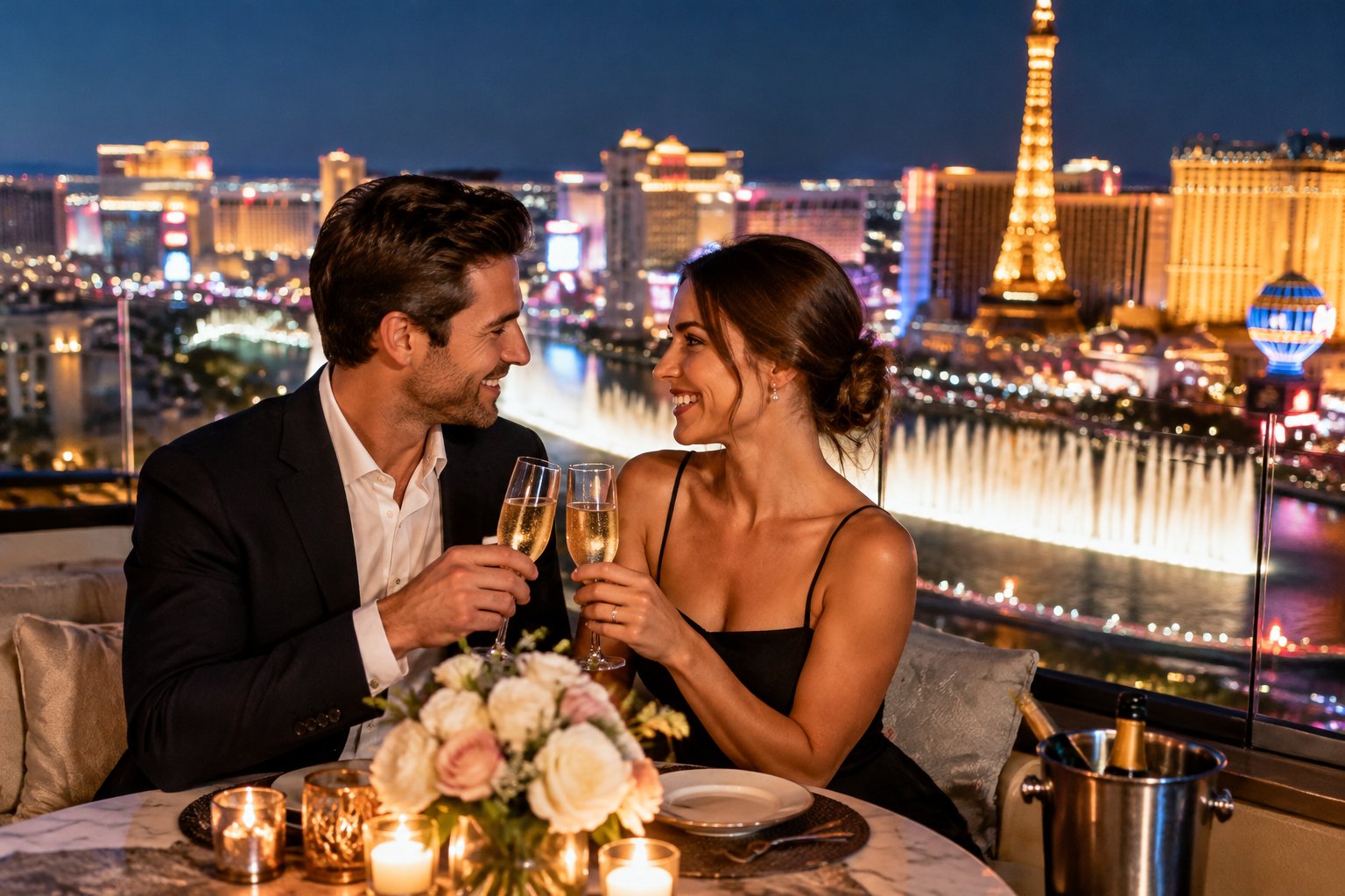 A couple shares a toast on a rooftop overlooking the Las Vegas Strip.
