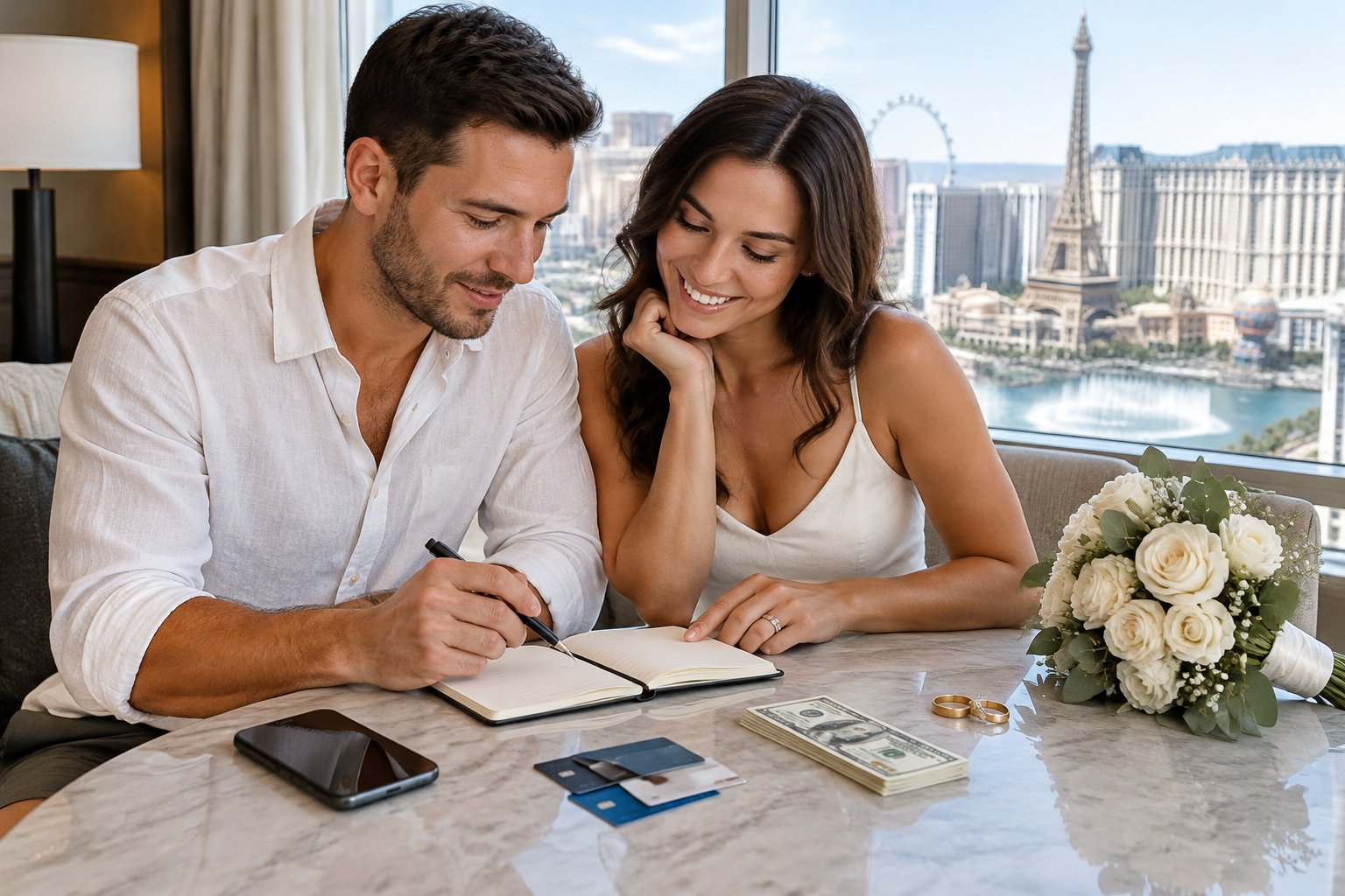 A newlywed couple reviews travel plans at a hotel table overlooking the Las Vegas Strip.