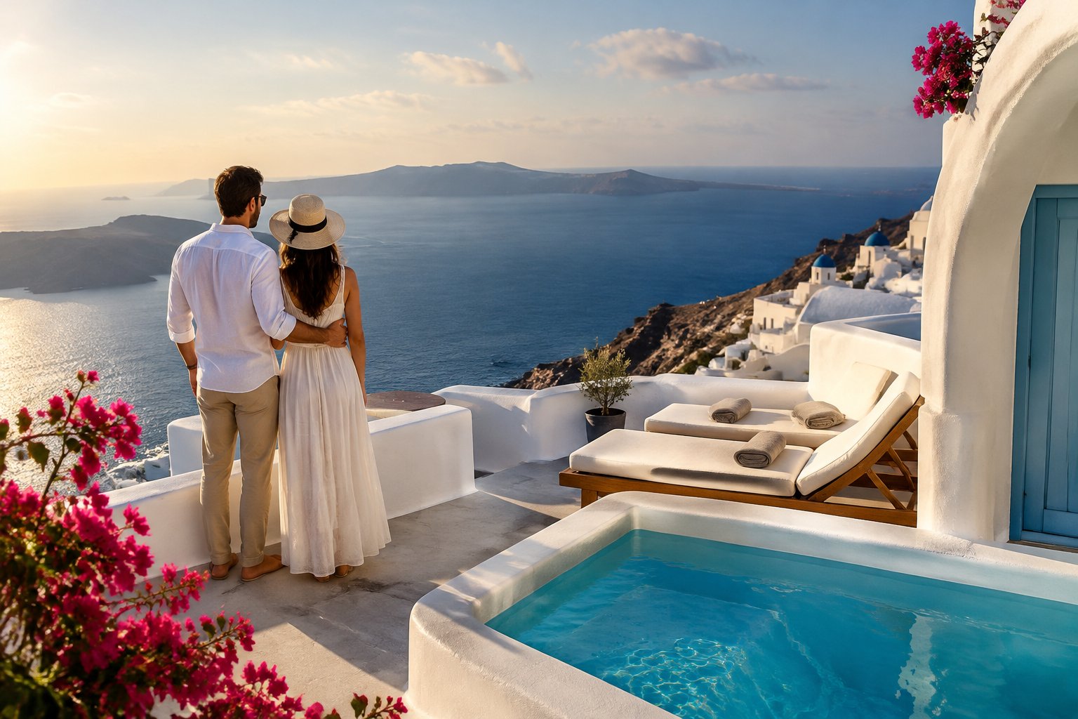 A couple stands on a white terrace overlooking the Aegean Sea at a Greek resort.