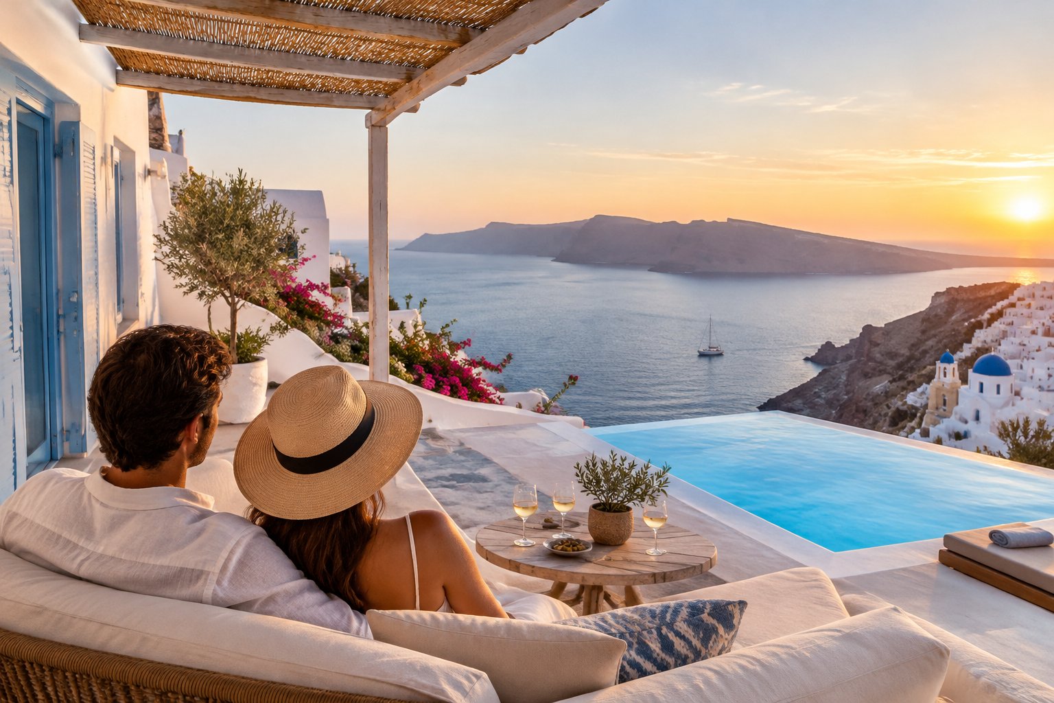 A couple looks out over the Aegean Sea from a Greek island resort terrace.