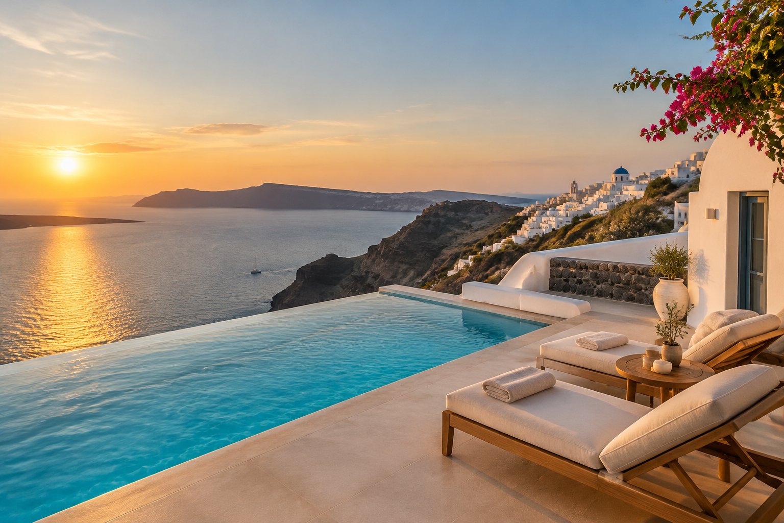 A whitewashed Greek island resort terrace overlooks the Aegean Sea at sunset.