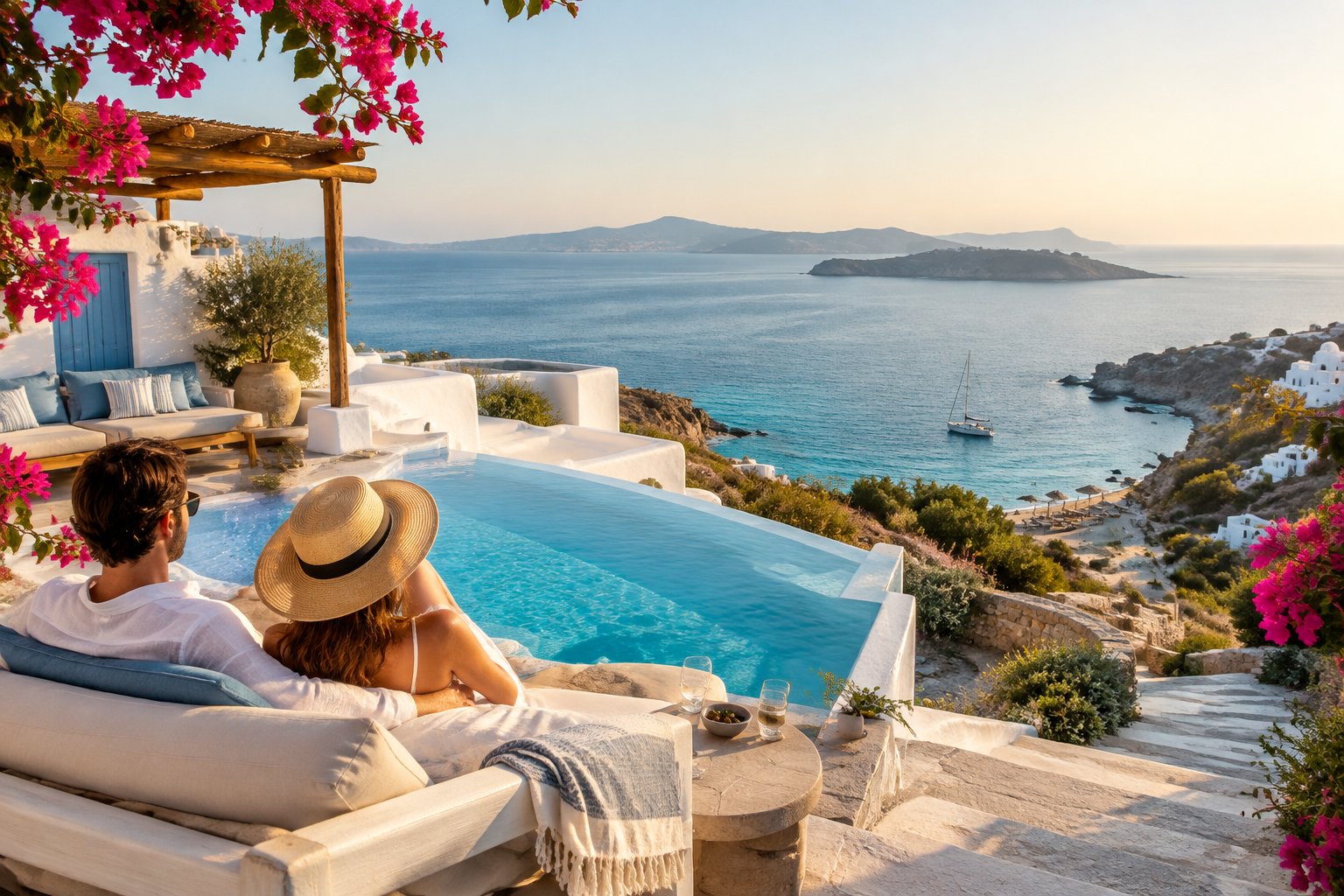 A couple relaxes beside an infinity pool overlooking the sea.
