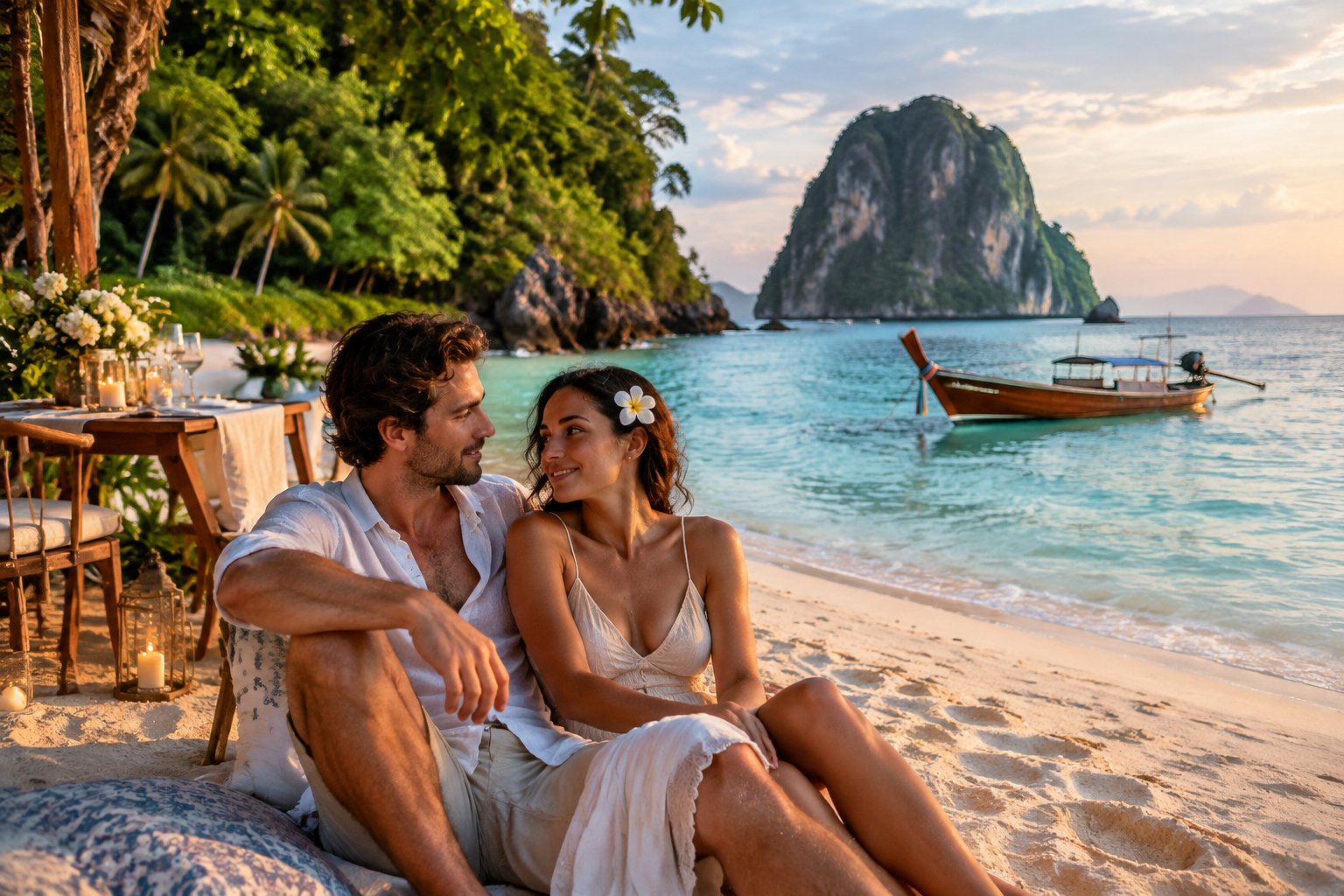 A couple shares a quiet moment on a tropical Thai beach near a long-tail boat.