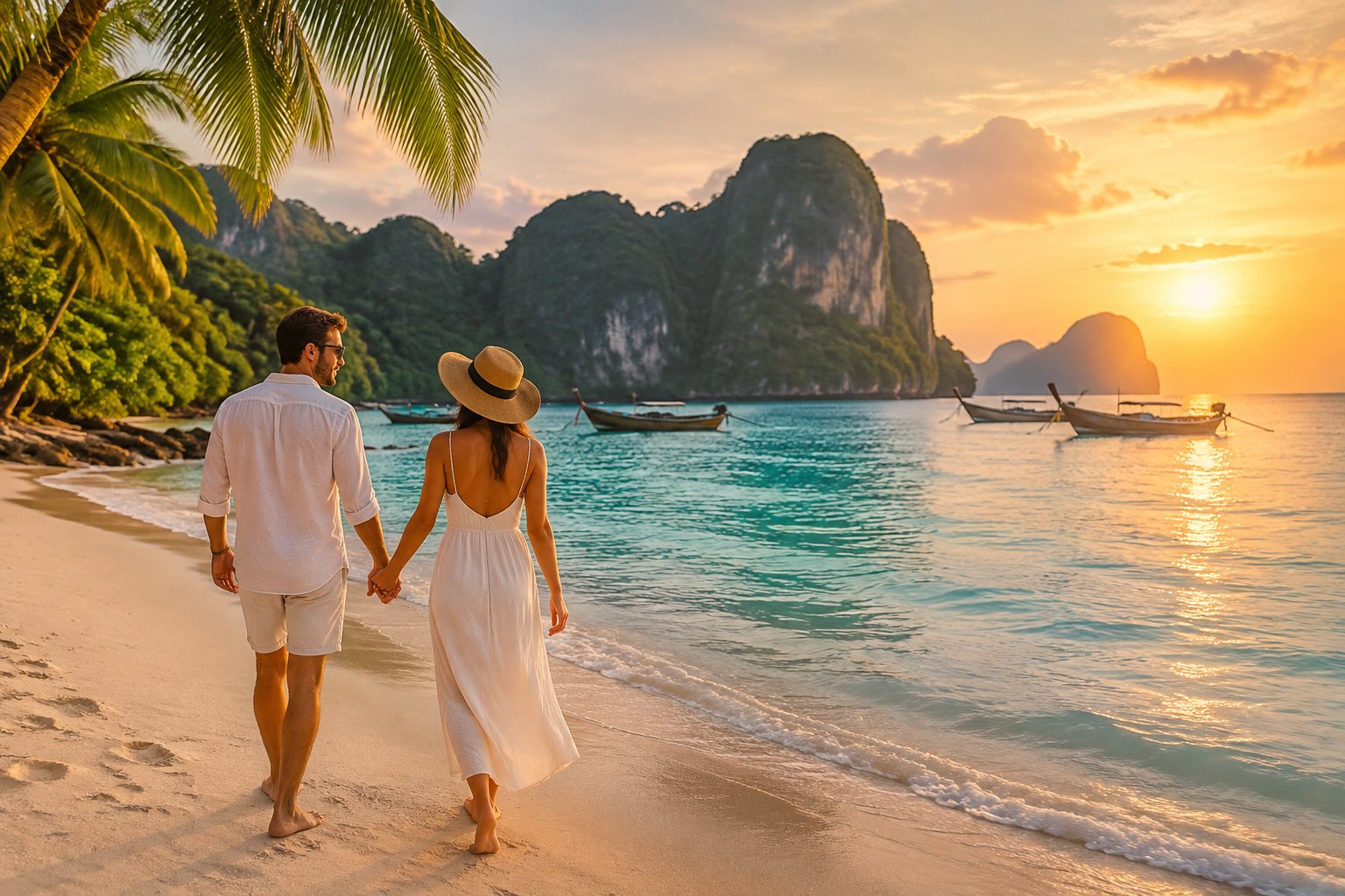 A couple walks hand in hand along a tropical Thai beach at sunset.