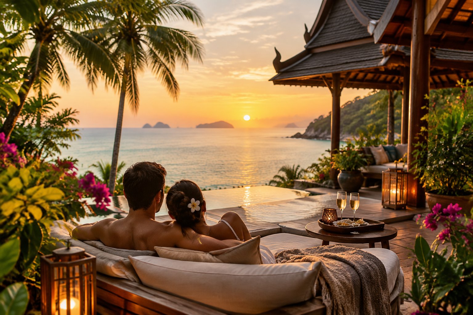 A couple relaxes on a secluded villa terrace overlooking the sea in Thailand.