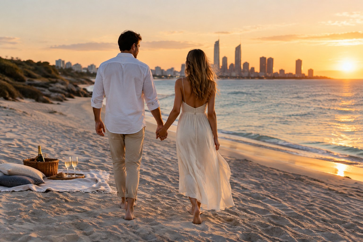 A newly married couple walks hand in hand along a beach at sunset.