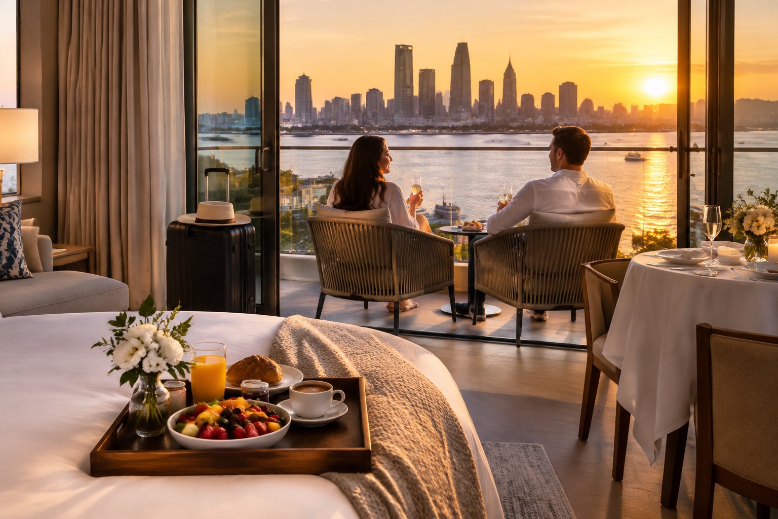 A newlywed couple relaxes on a hotel balcony overlooking the Swan River.