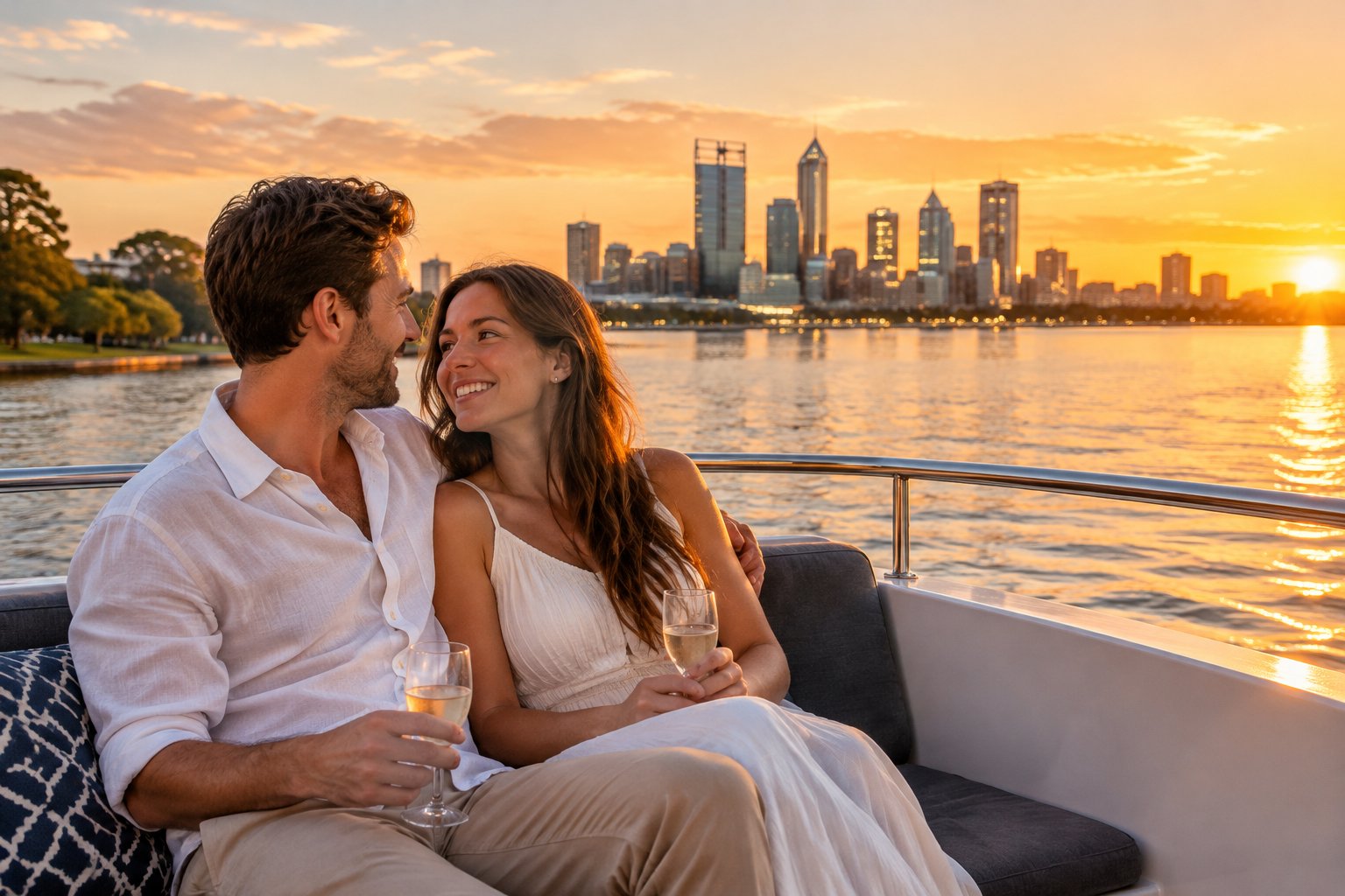 A newlywed couple shares a sunset moment aboard a cruise on the Swan River in Perth.
