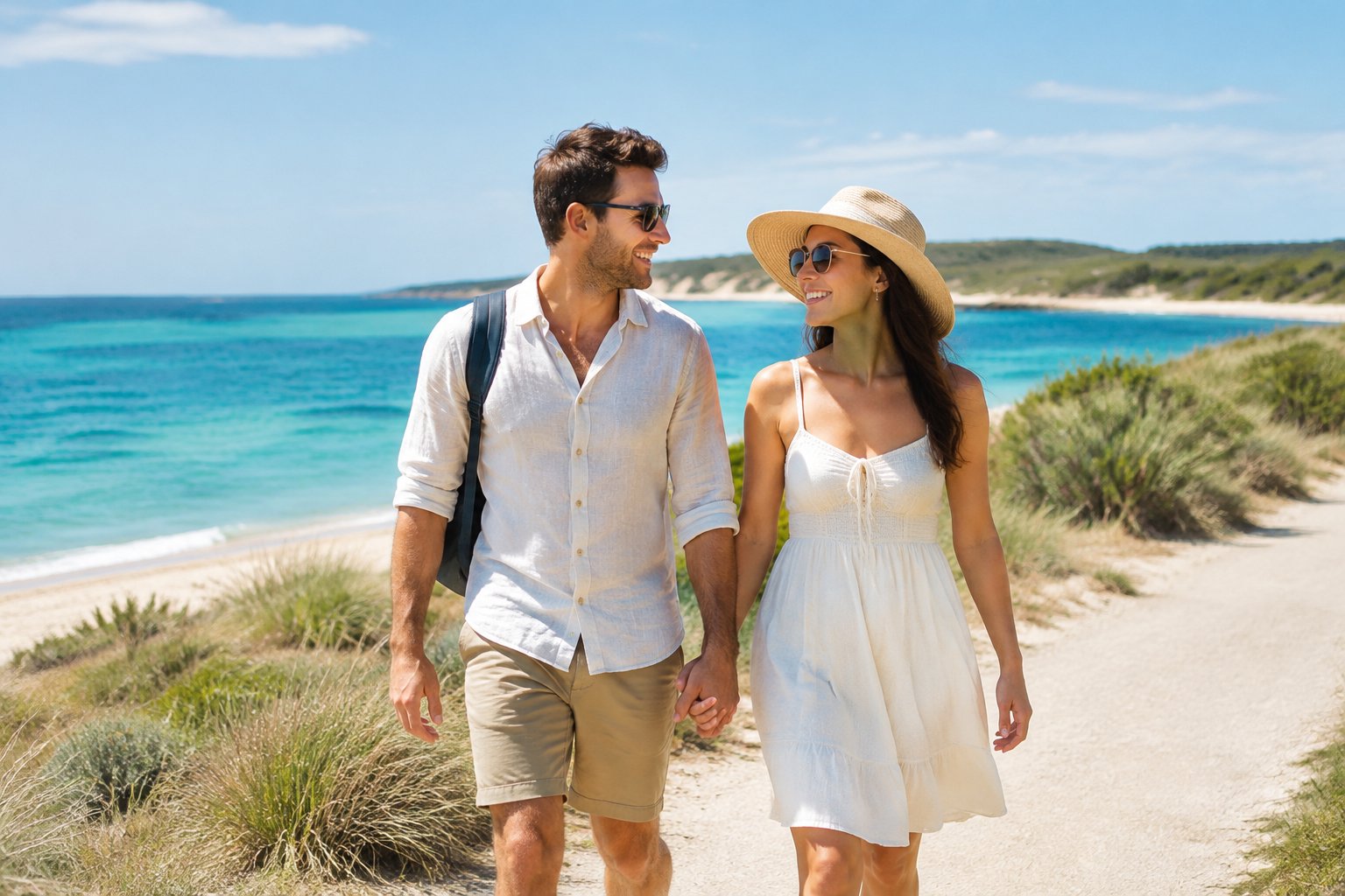 A newlywed couple walks hand in hand beside the coast near Perth.