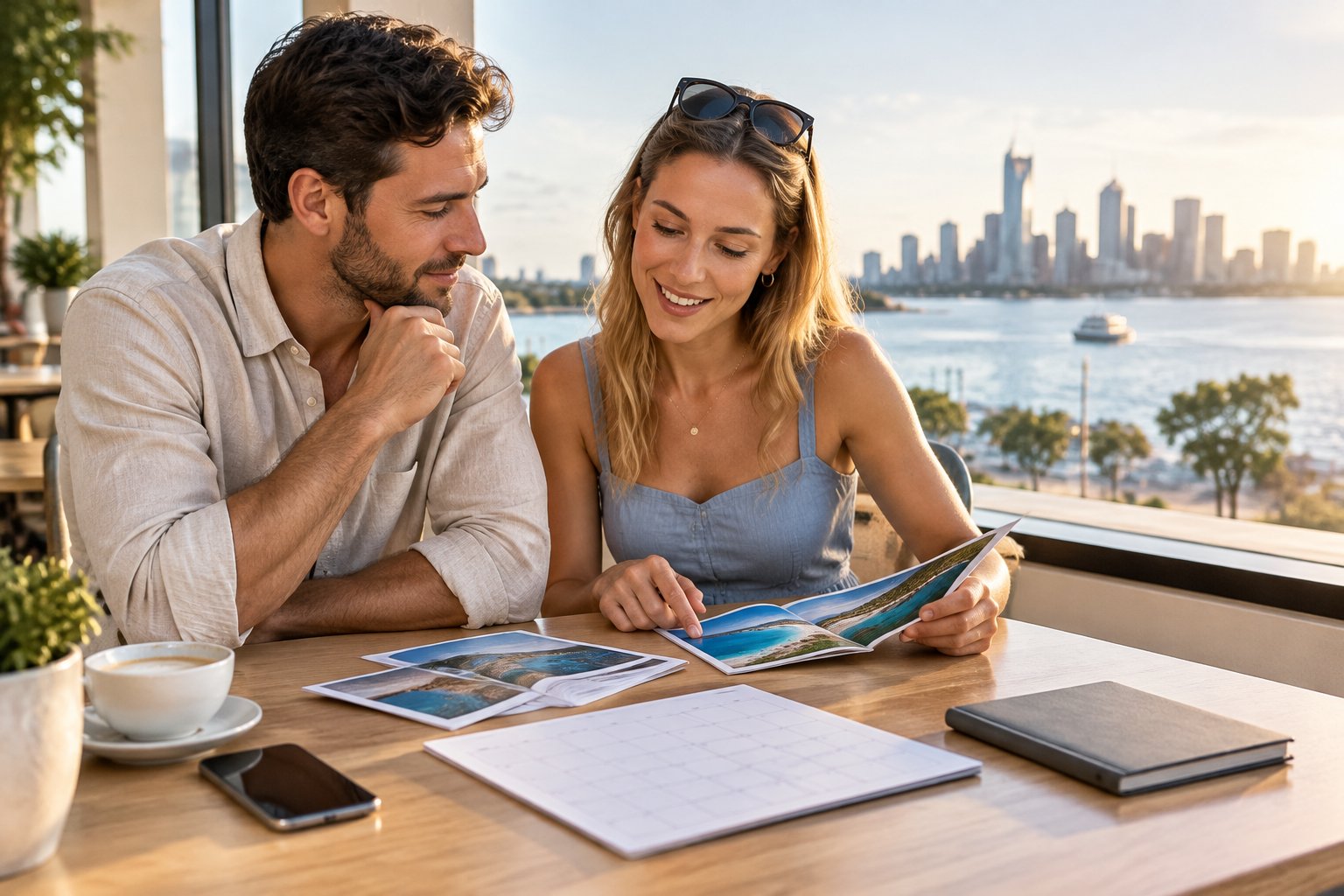 A couple reviews travel plans together at a café table.