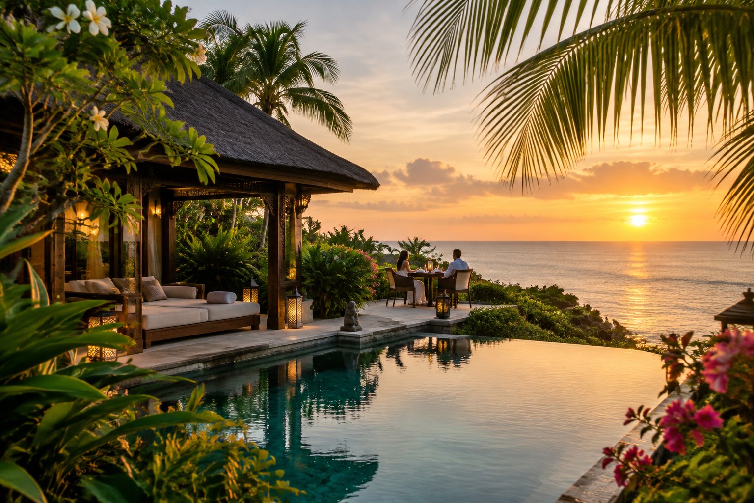 A couple relaxes beside an infinity pool at a tropical Bali resort.