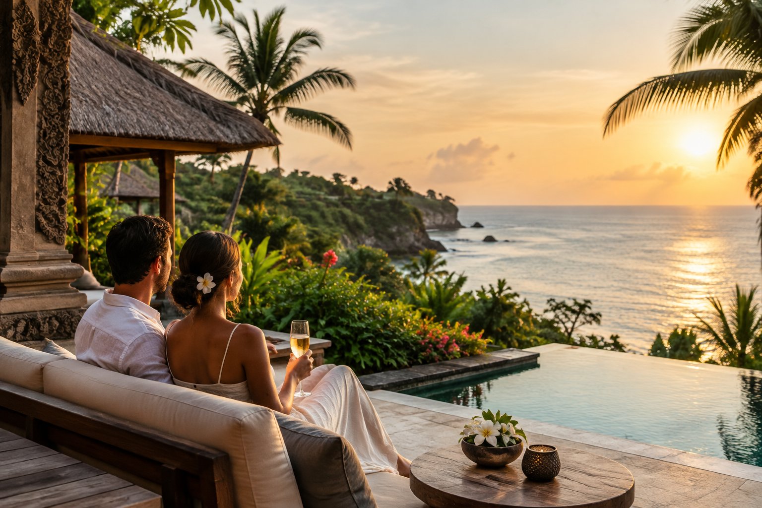 A couple stands together on a tropical resort terrace overlooking the ocean.