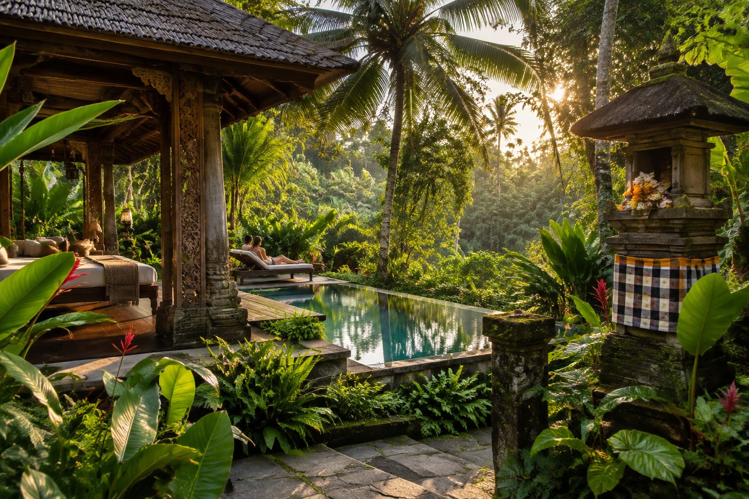 A secluded Balinese villa surrounded by tropical greenery, with a couple relaxing beside a private pool.