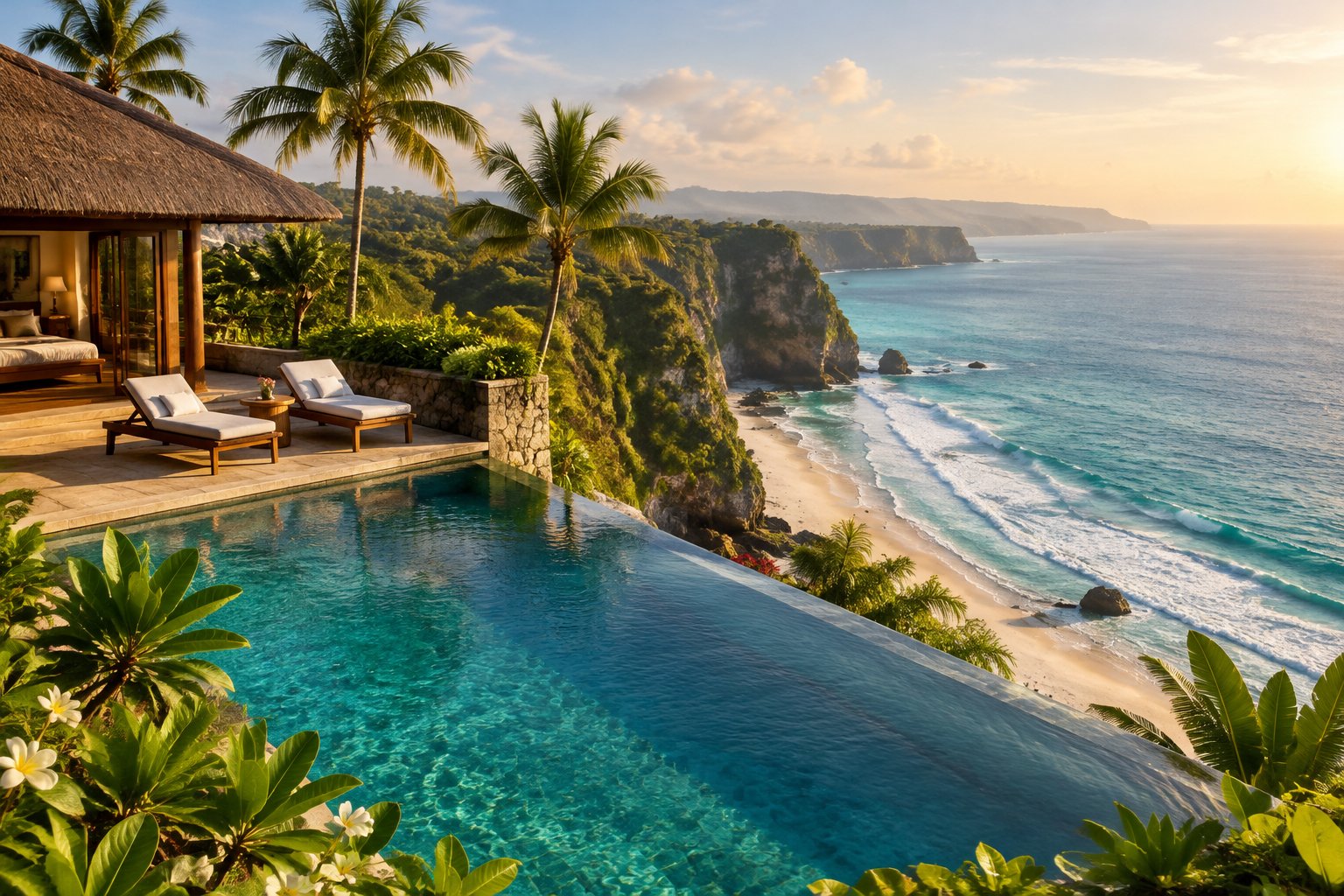 A tropical resort villa overlooks a turquoise ocean, sandy beach, and green coastal cliffs.