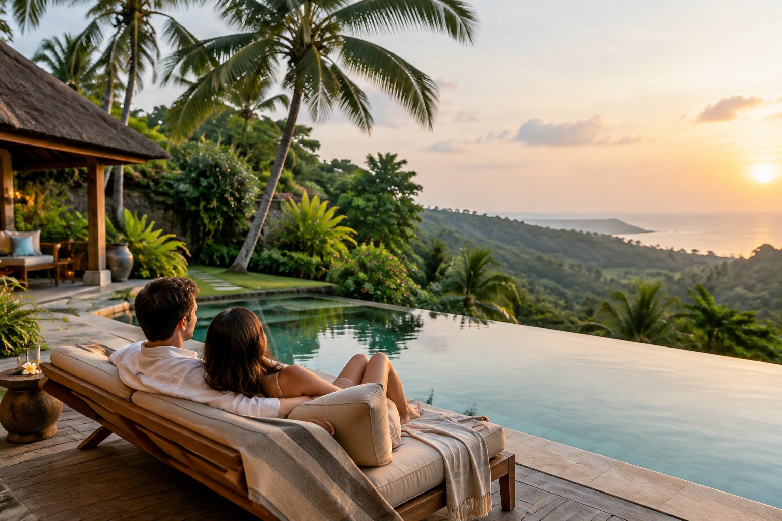 A couple relaxes beside a private villa pool surrounded by tropical greenery in Bali.