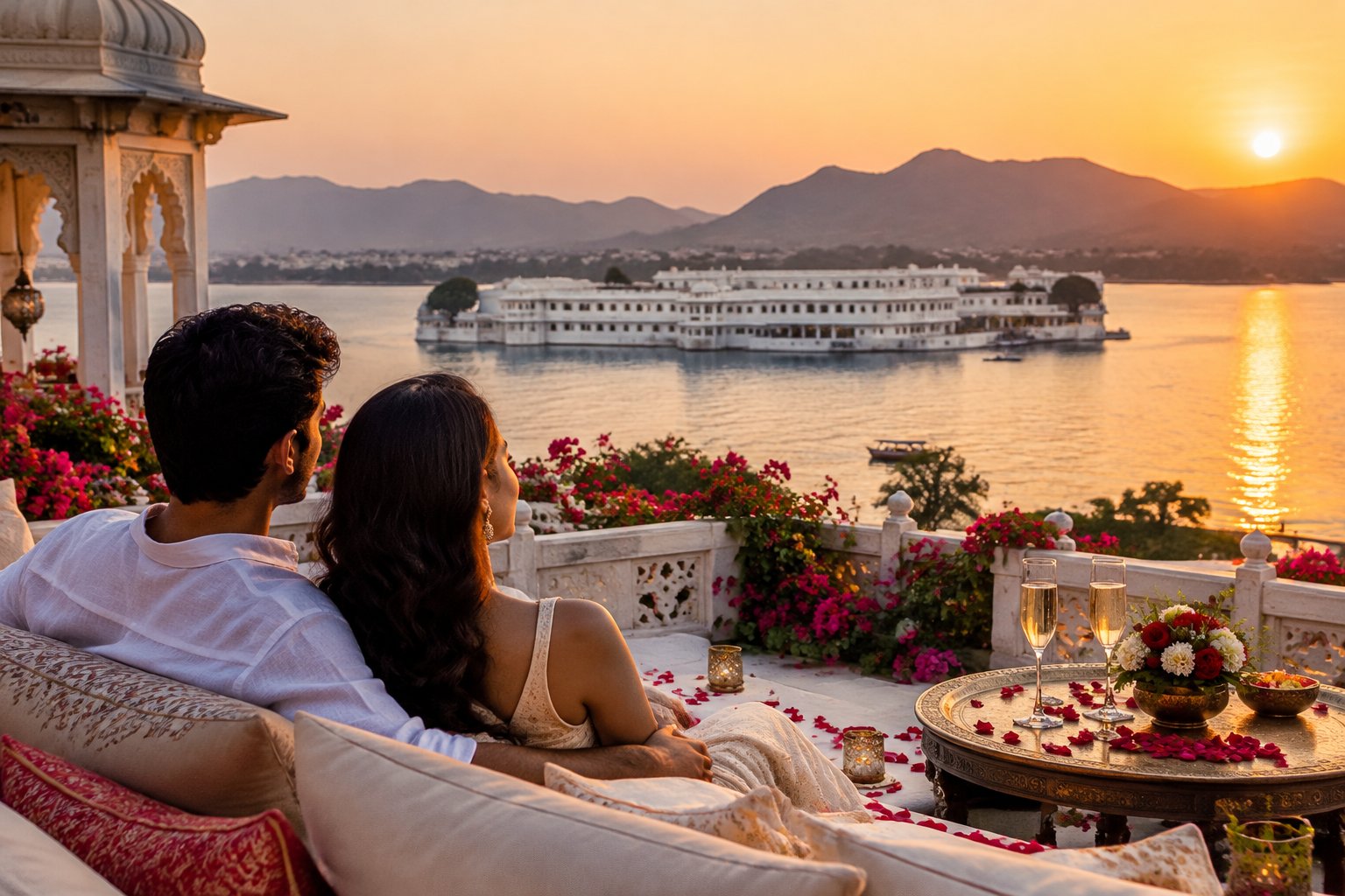 A couple shares a quiet moment on a flower-decorated terrace overlooking Lake Pichola and Udaipur’s palaces.