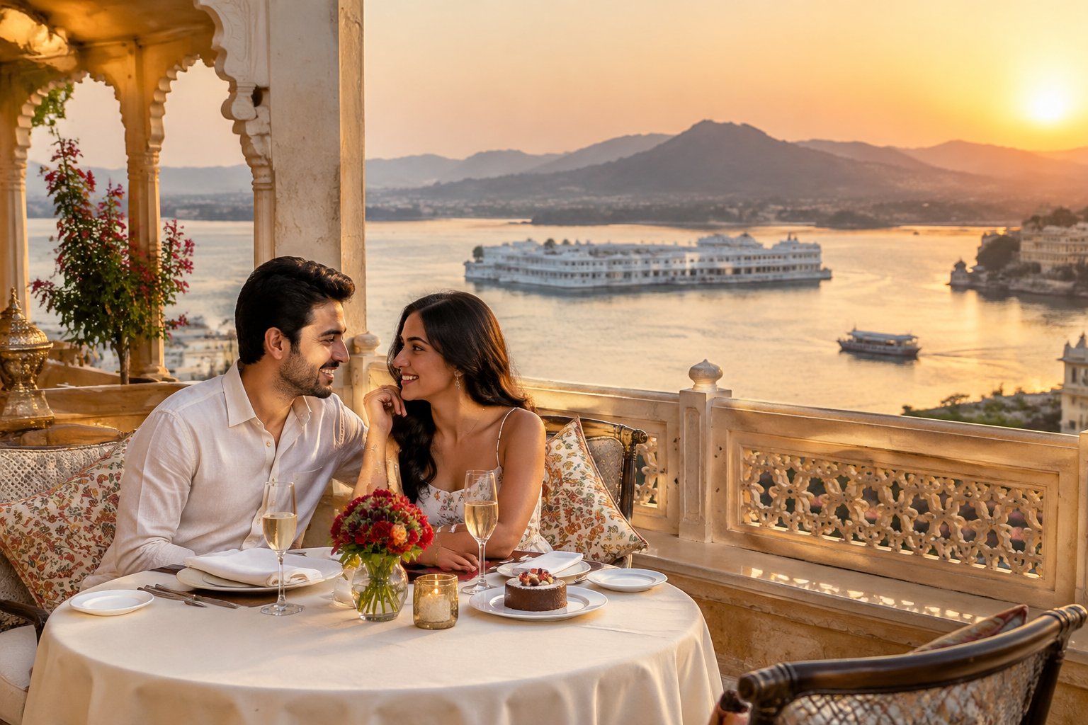 A newlywed couple shares a romantic moment on a terrace overlooking Lake Pichola.