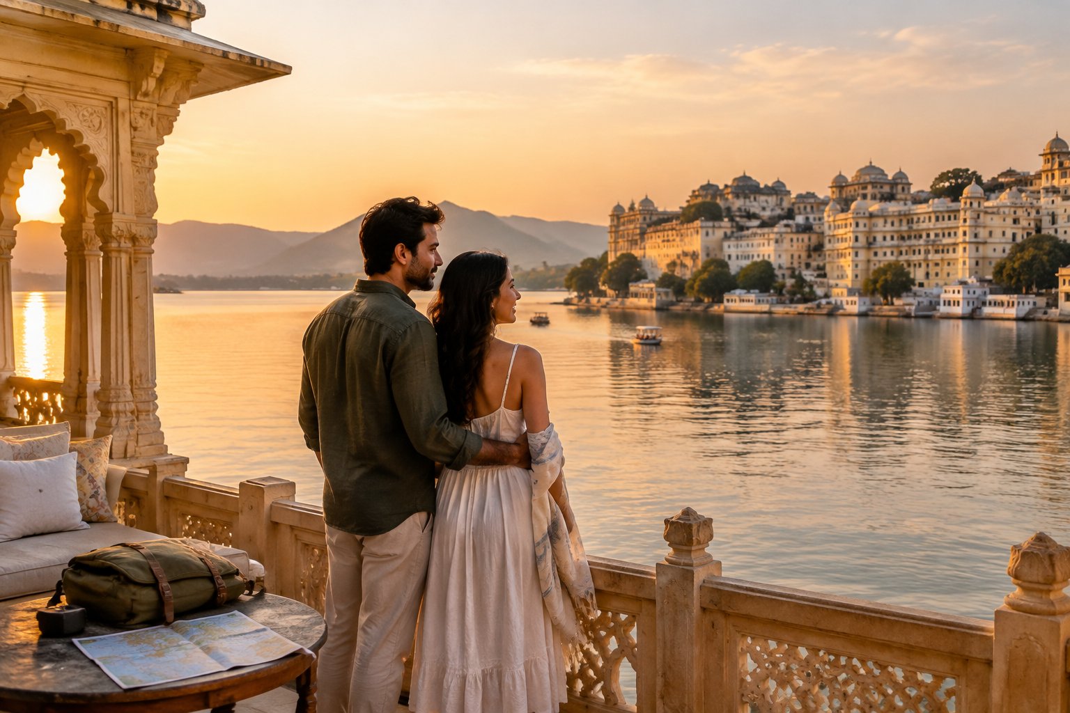 A newlywed couple stands together overlooking Lake Pichola and the City Palace in Udaipur.