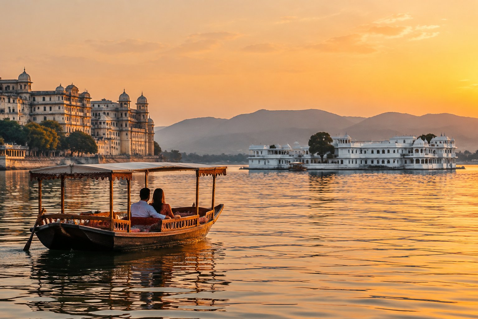 A couple rides a boat on Lake Pichola with Udaipur’s palaces in the background.
