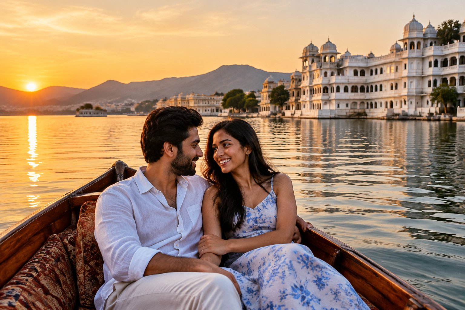 A couple shares a romantic boat ride on Lake Pichola with Udaipur’s palaces in the background.