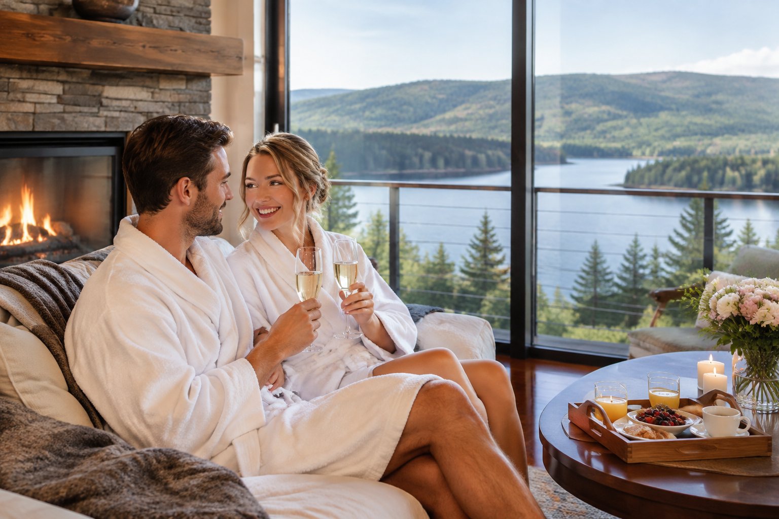 A newlywed couple relaxes together at a mountain resort overlooking a lake.