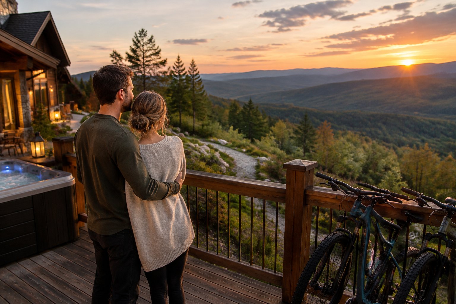 A newlywed couple stands together on a balcony overlooking a forested mountain valley.