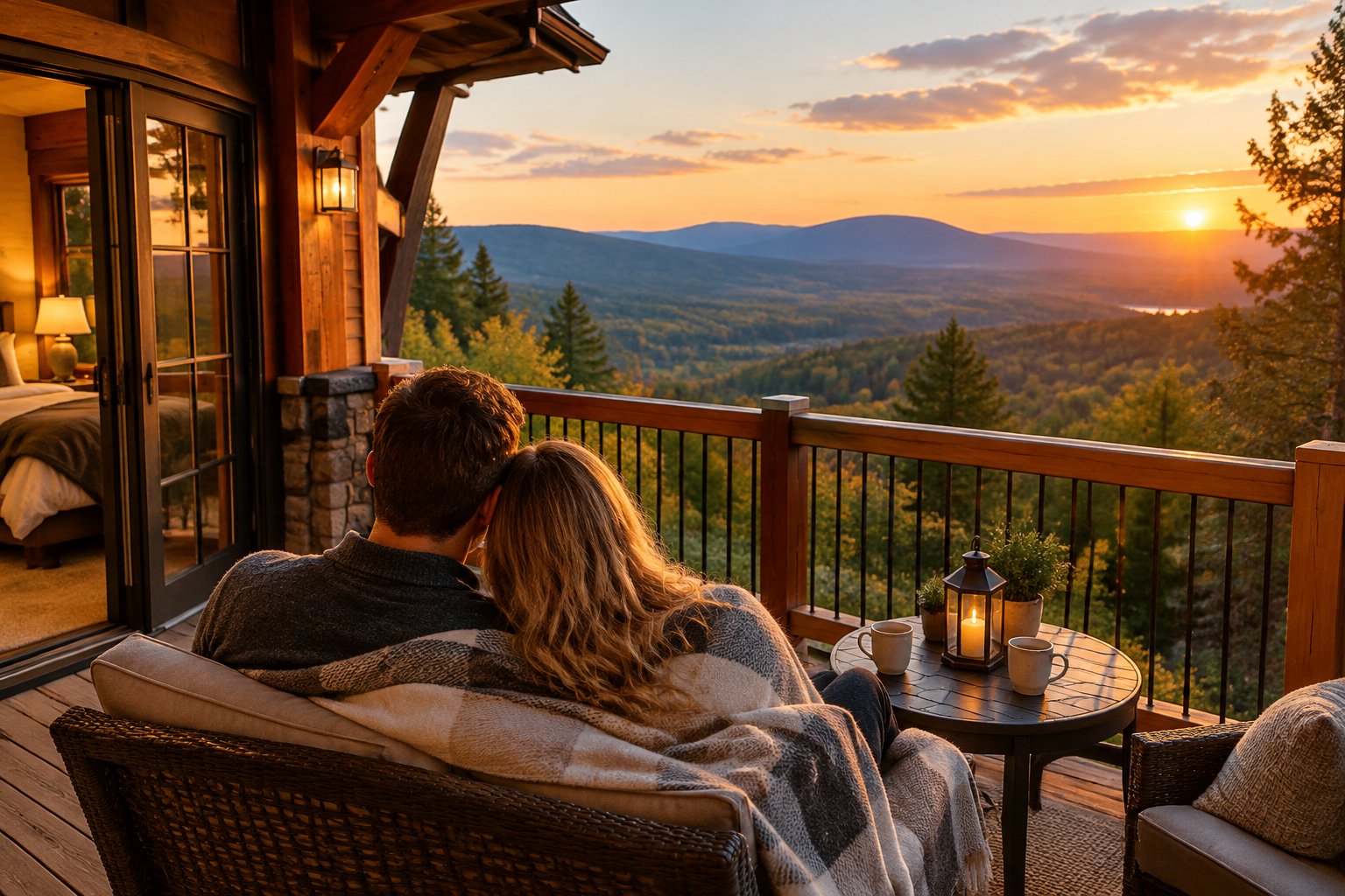 A couple relaxes together on a lodge balcony overlooking a forested mountain valley.