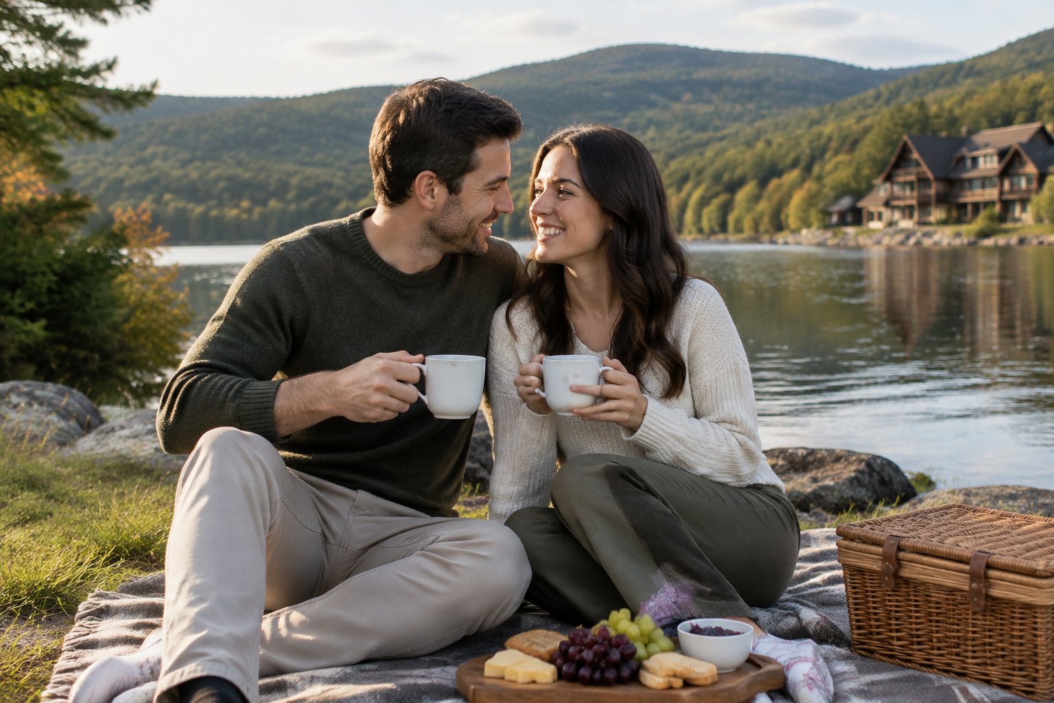 A couple shares a picnic beside a lake in a forested mountain setting.