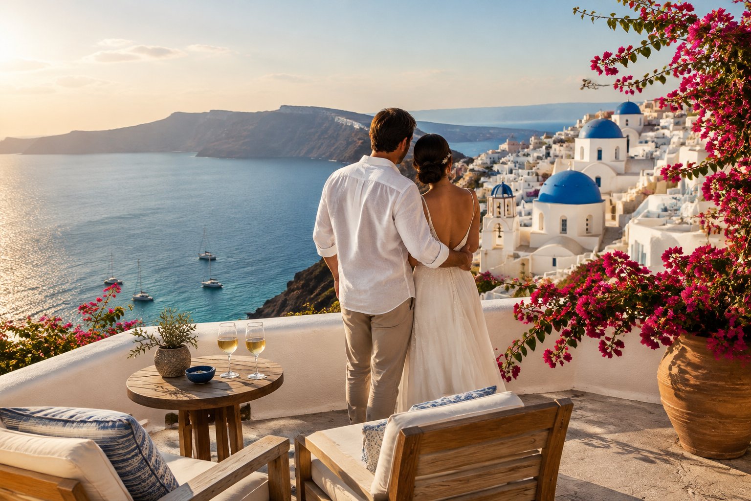 A couple stands on a resort terrace overlooking the Mediterranean Sea.