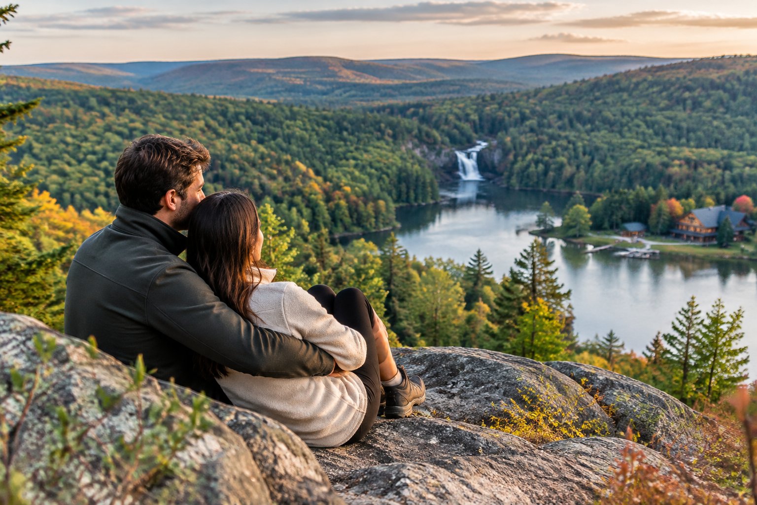 A couple takes in a mountain, lake, and waterfall view in the Poconos.