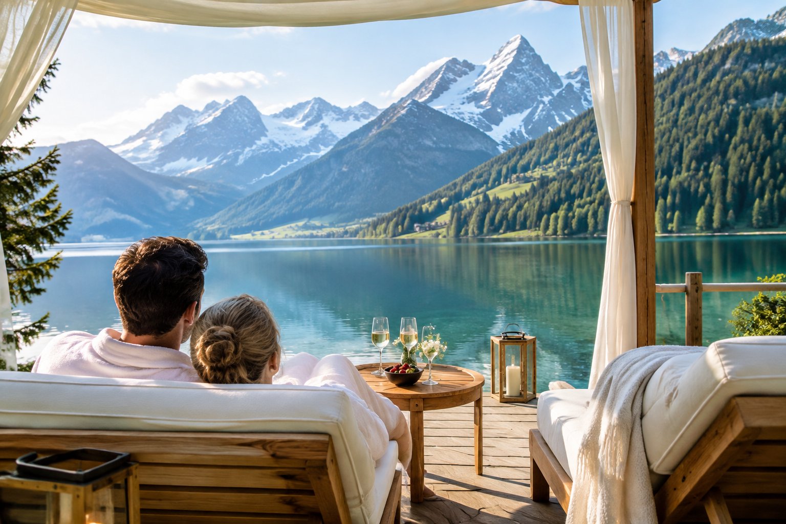 A couple relaxes on a terrace overlooking an alpine lake and mountains.